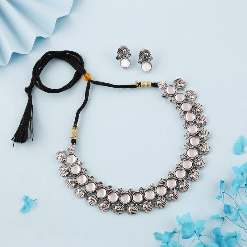 Tehzeeb Creations Silver Plated White Colour Stone Jewellery Choker Necklace Set With Matching Pair of Stud Earrings Tehzeeb Creations