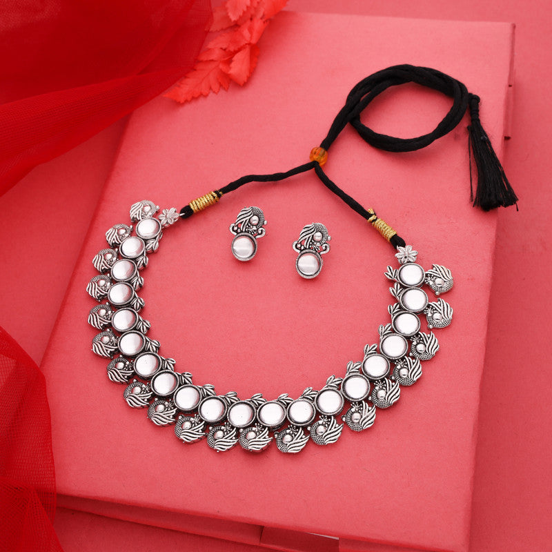 Tehzeeb Creations Silver Plated White Colour Stone Jewellery Choker Necklace Set With Matching Pair of Stud Earrings Tehzeeb Creations