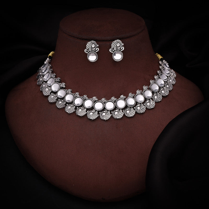 Tehzeeb Creations Silver Plated White Colour Stone Jewellery Choker Necklace Set With Matching Pair of Stud Earrings Tehzeeb Creations