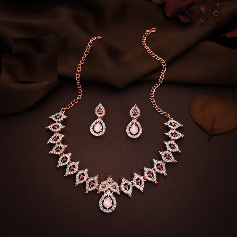 Tehzeeb Creations Pink Colour Diamond Choker Necklace Jewellery Set With Matching Pair of Earrings For Women And Girls Tehzeeb Creations