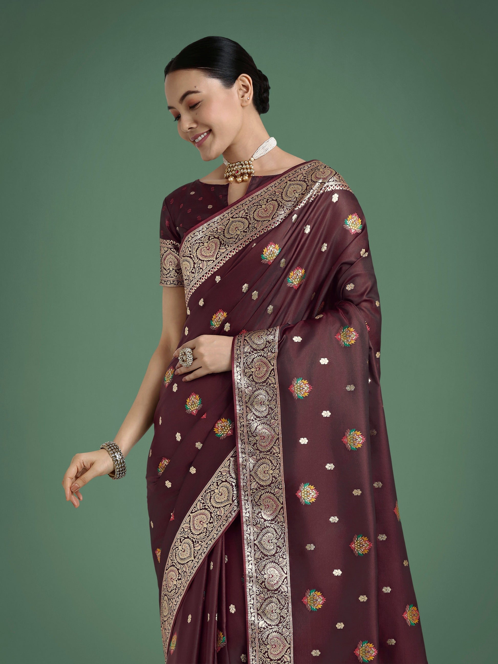 Monjolika Fashion Maroon Charming Soft Banarasi Zari Woven Designer Satin Silk Saree With Lovely Blouse Piece | Swadesiicart