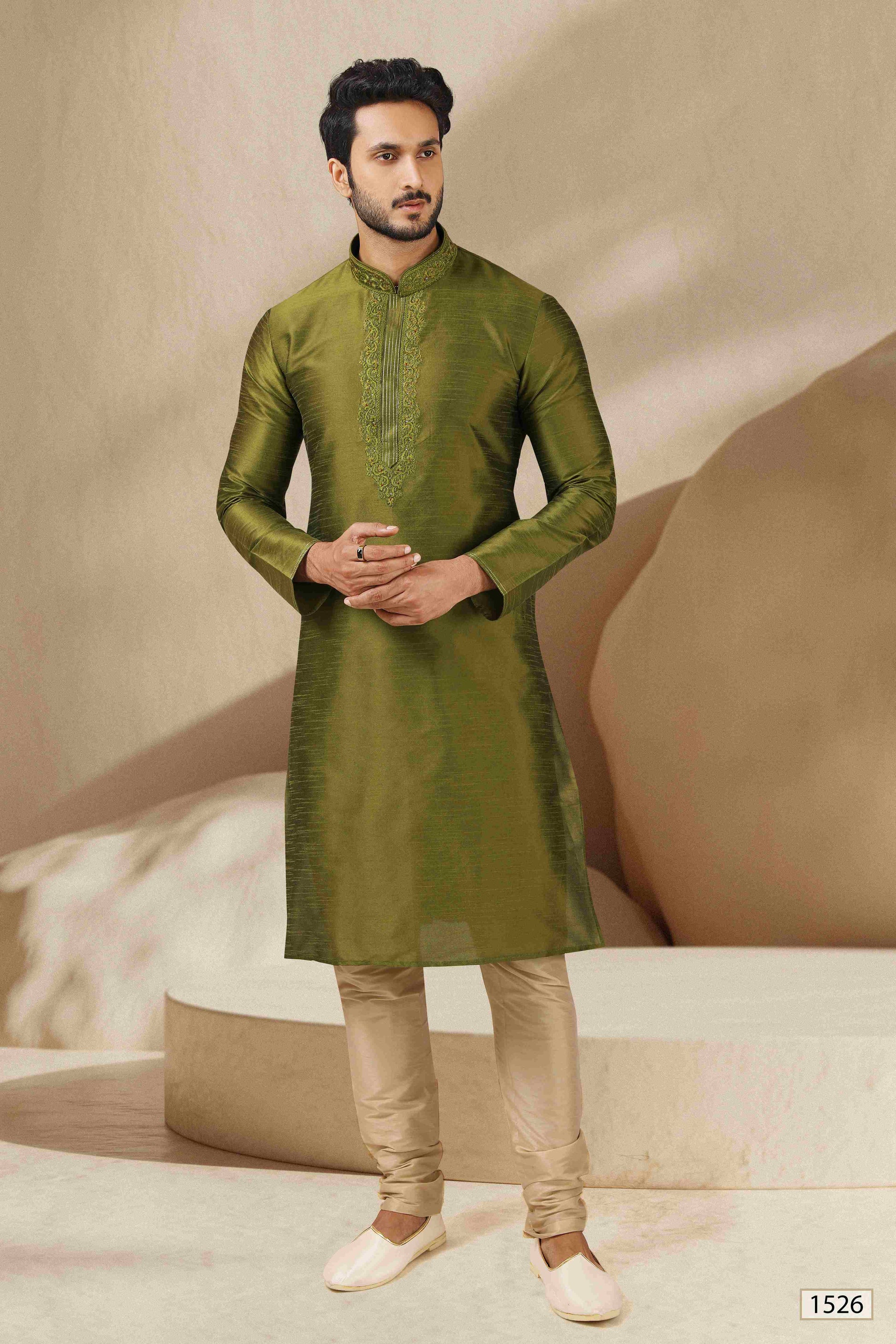 Raivat Ethnic Banarasi Art Silk Thread Work Kurta Pajama In Green Colour