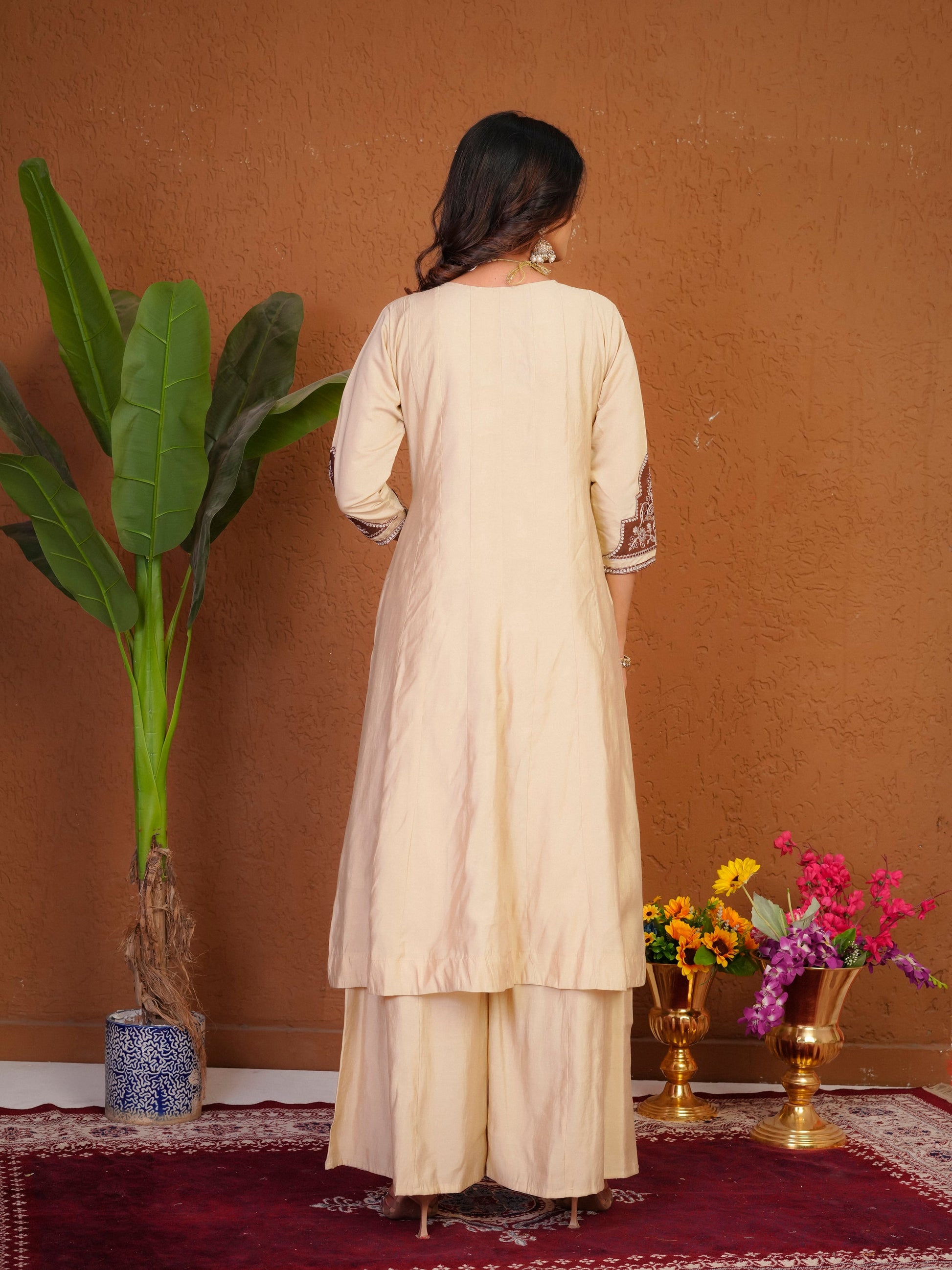 Lorenvalley Fashion Cream Roman Silk Multi Embroidery Thread With Beautiful Hand Work Kurta Palazzo Dupatta
