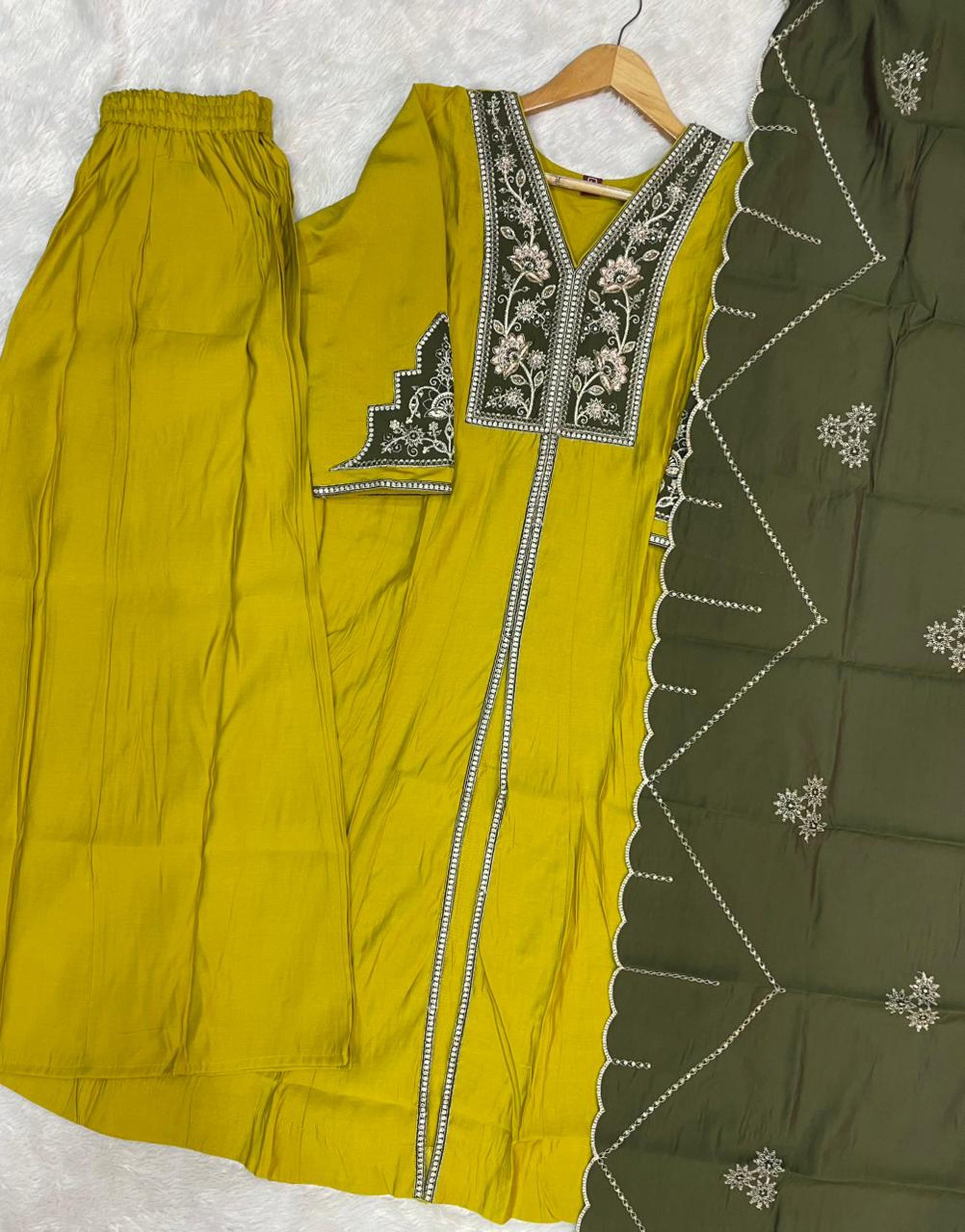 Lorenvalley Fashion Mustard Roman Silk Multi Embroidery Thread With Beautiful Hand Work Kurta Palazzo Dupatta