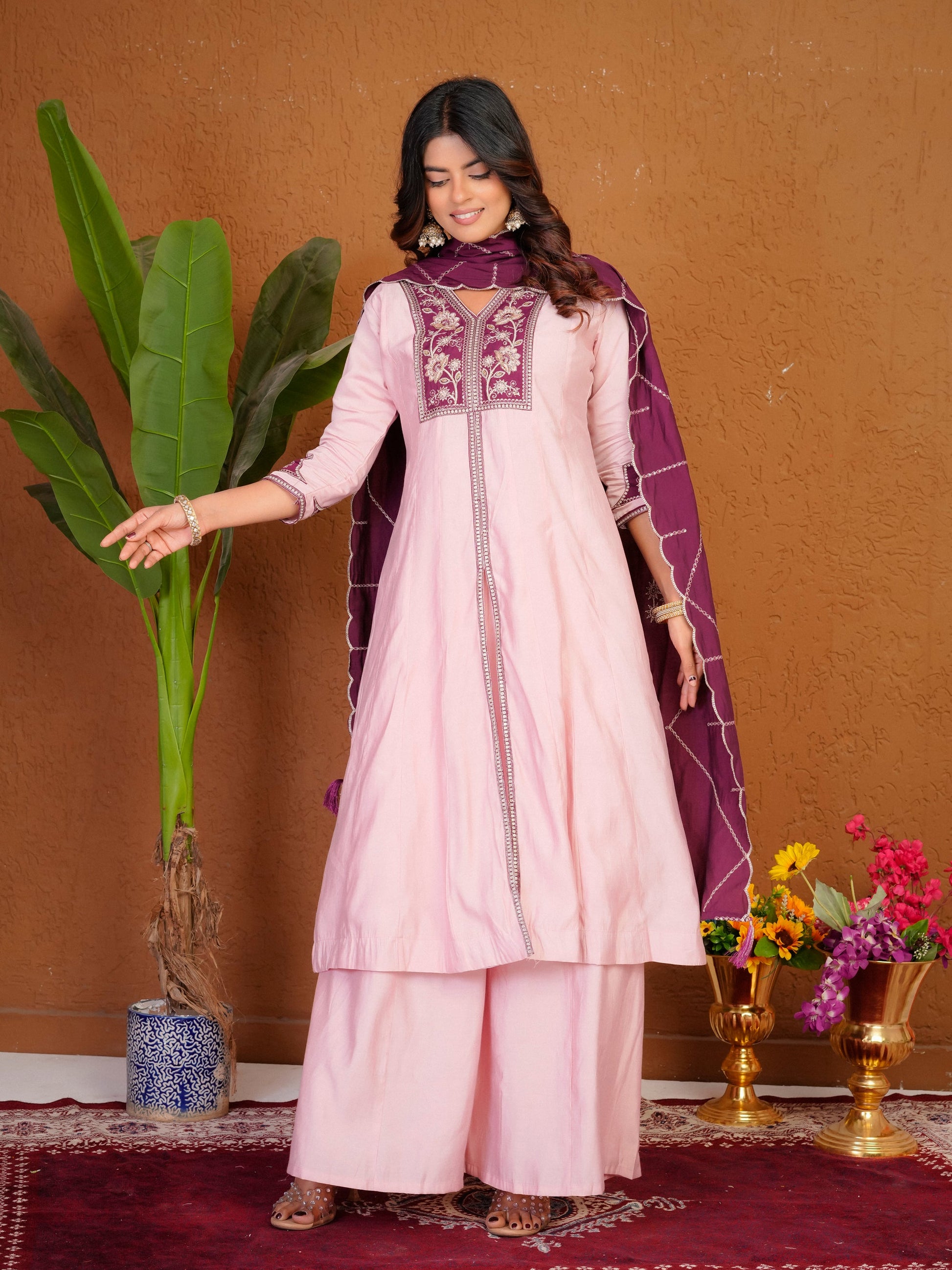 Lorenvalley Fashion Pink Roman Silk Multi Embroidery Thread With Beautiful Hand Work Kurta Palazzo Dupatta