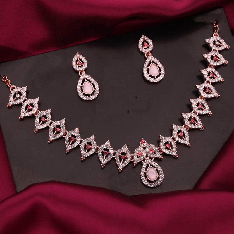 Tehzeeb Creations Pink Colour Diamond Choker Necklace Jewellery Set With Matching Pair of Earrings For Women And Girls Tehzeeb Creations