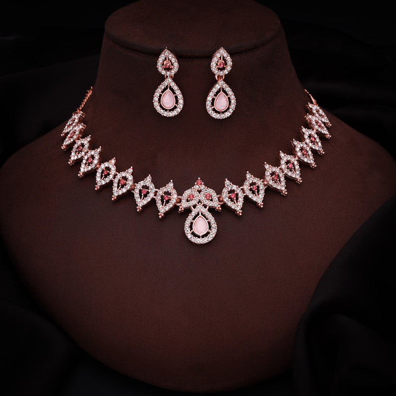 Tehzeeb Creations Pink Colour Diamond Choker Necklace Jewellery Set With Matching Pair of Earrings For Women And Girls Tehzeeb Creations