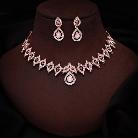 Tehzeeb Creations Pink Colour Diamond Choker Necklace Jewellery Set With Matching Pair of Earrings For Women And Girls Tehzeeb Creations