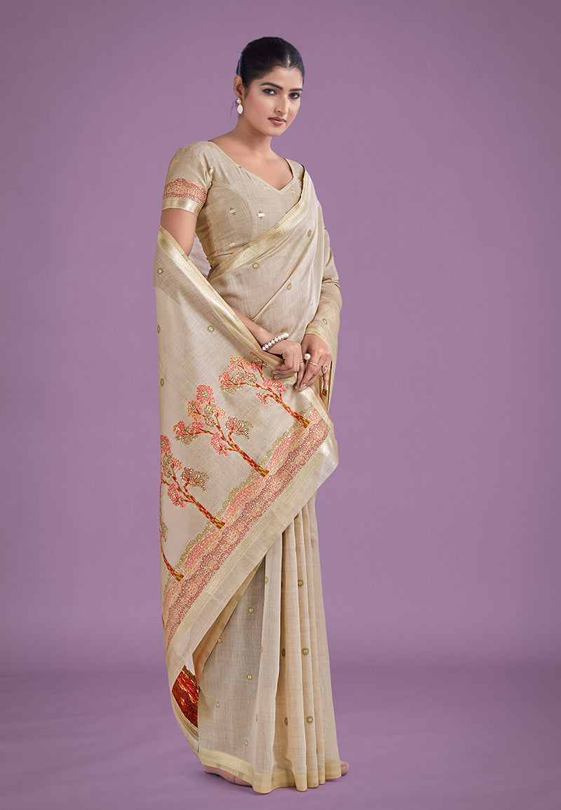 Monjolika Fashion Imaginative Beige & Red Woven Butti Pattern Cotton Silk Saree