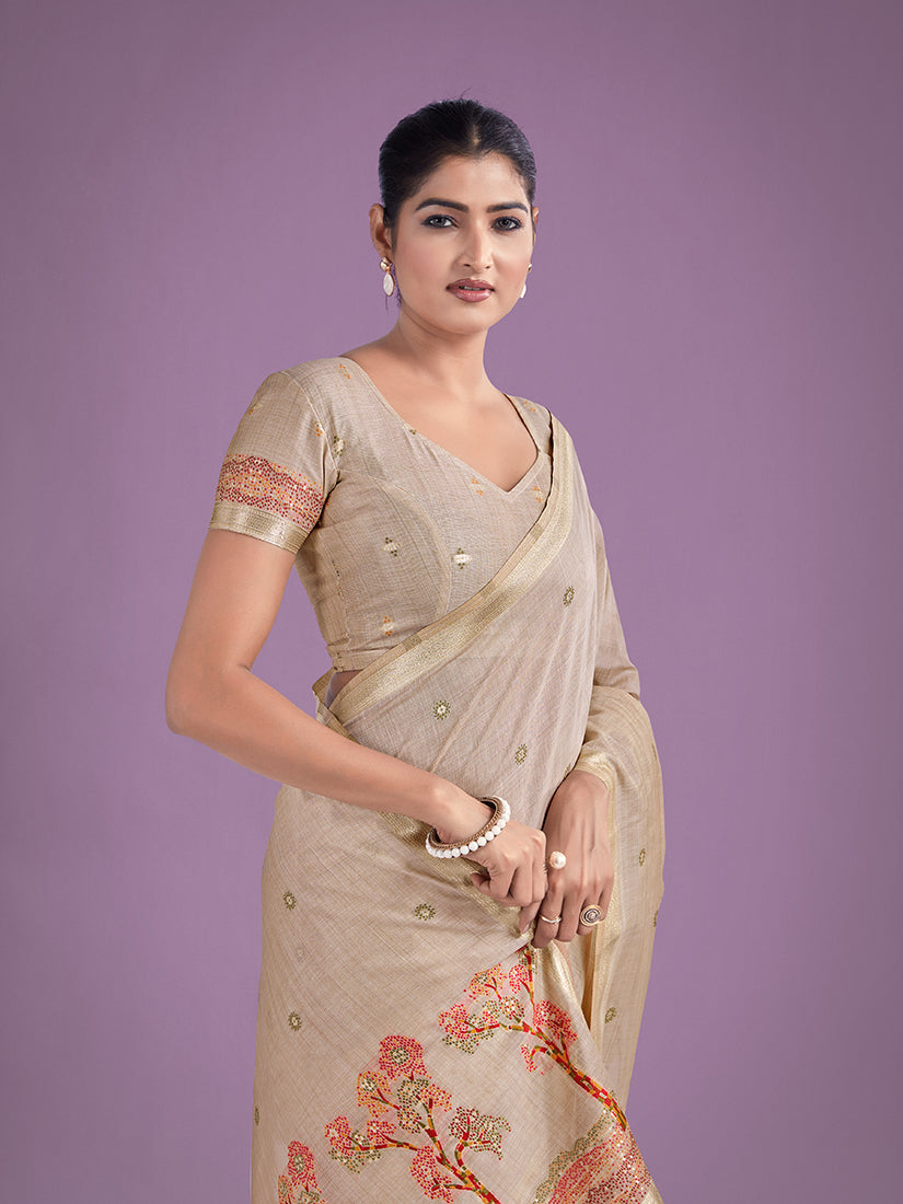 Monjolika Fashion Imaginative Beige & Red Woven Butti Pattern Cotton Silk Saree