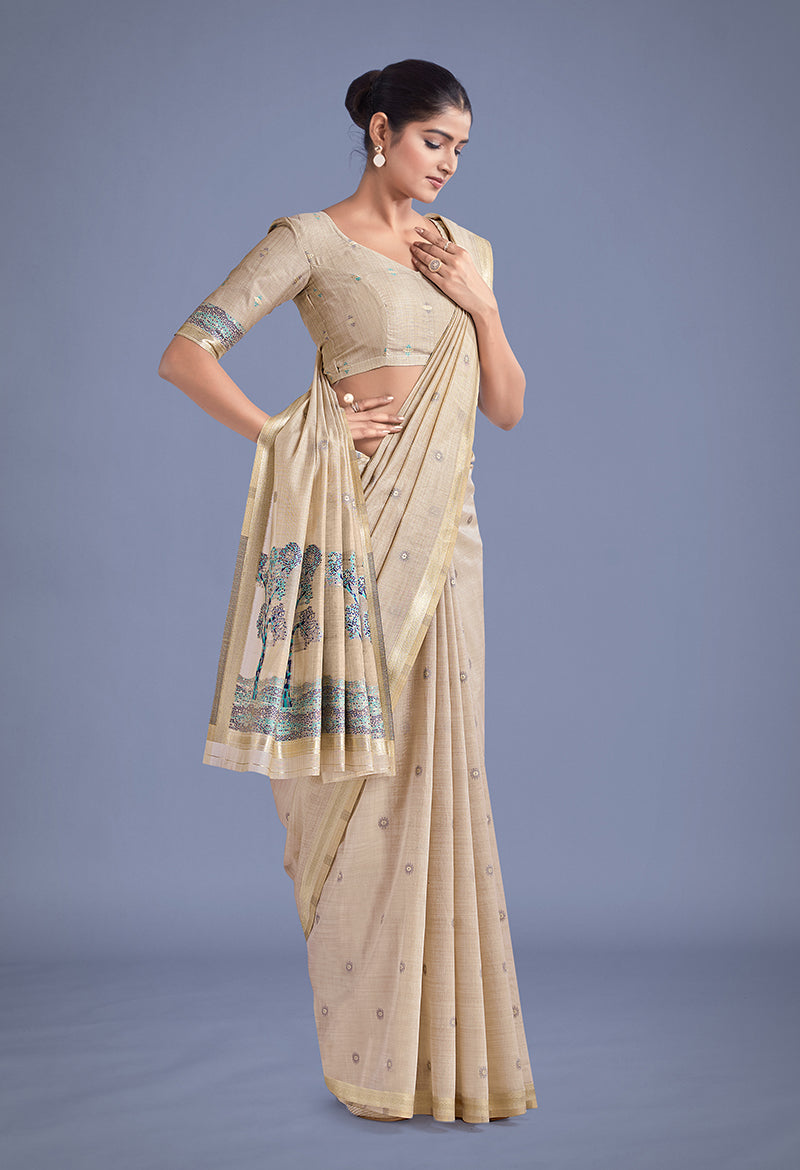 Monjolika Fashion Imaginative Beige & Blue Woven Butti Pattern Cotton Silk Saree