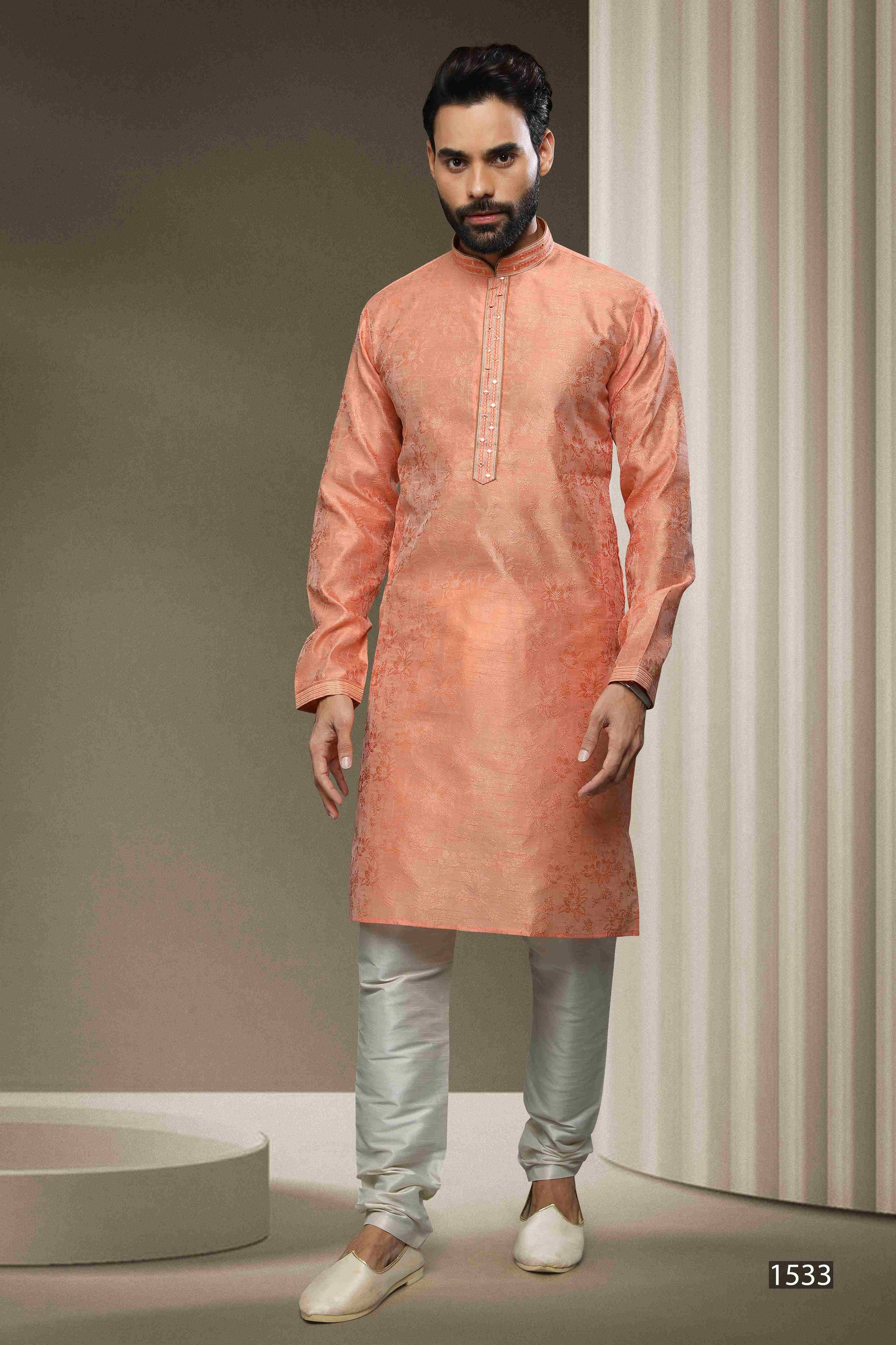 Raivat Ethnic Jacquard Silk Brocade Mirror Work Kurta Pajama In Peach Colour