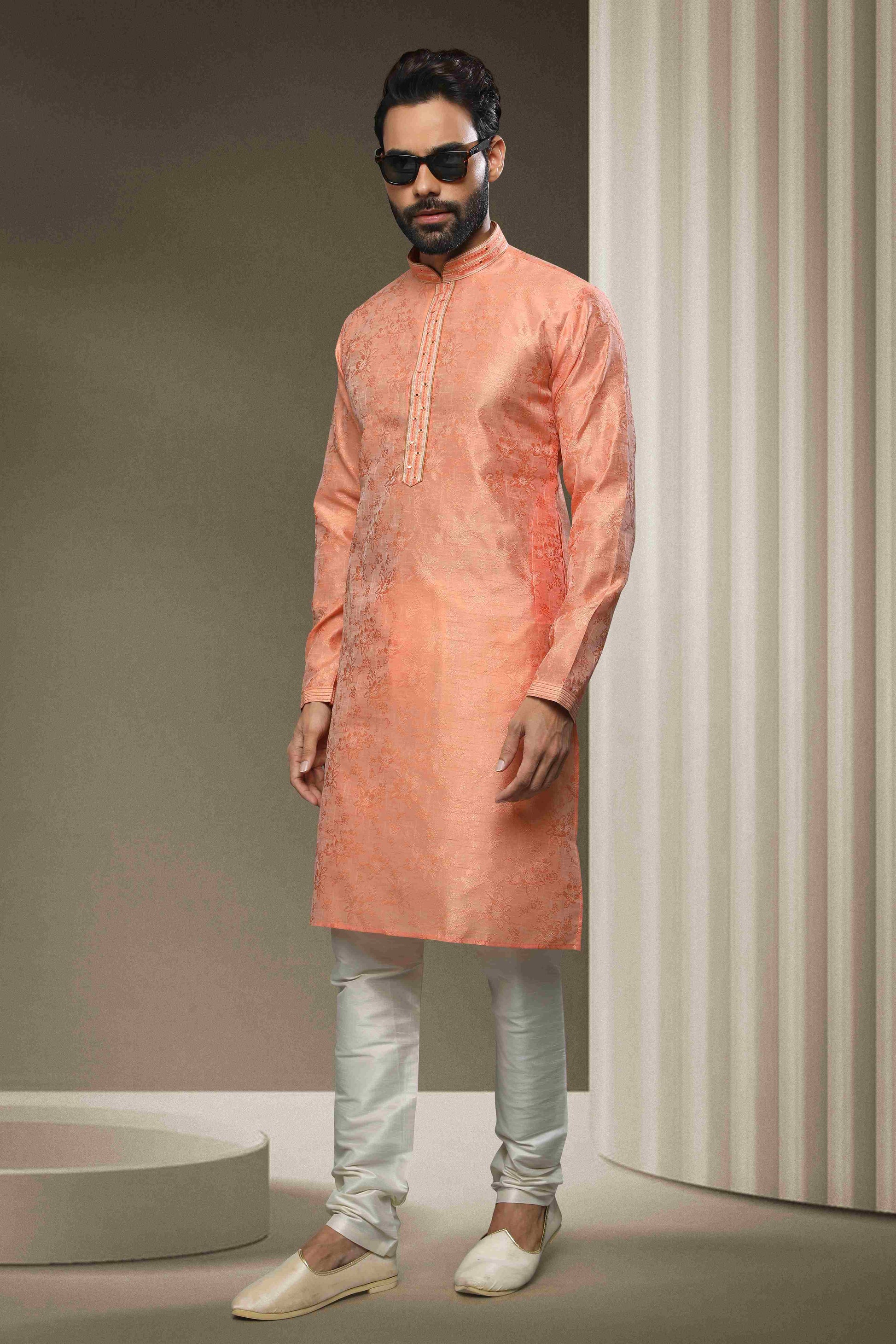 Raivat Ethnic Jacquard Silk Brocade Mirror Work Kurta Pajama In Peach Colour
