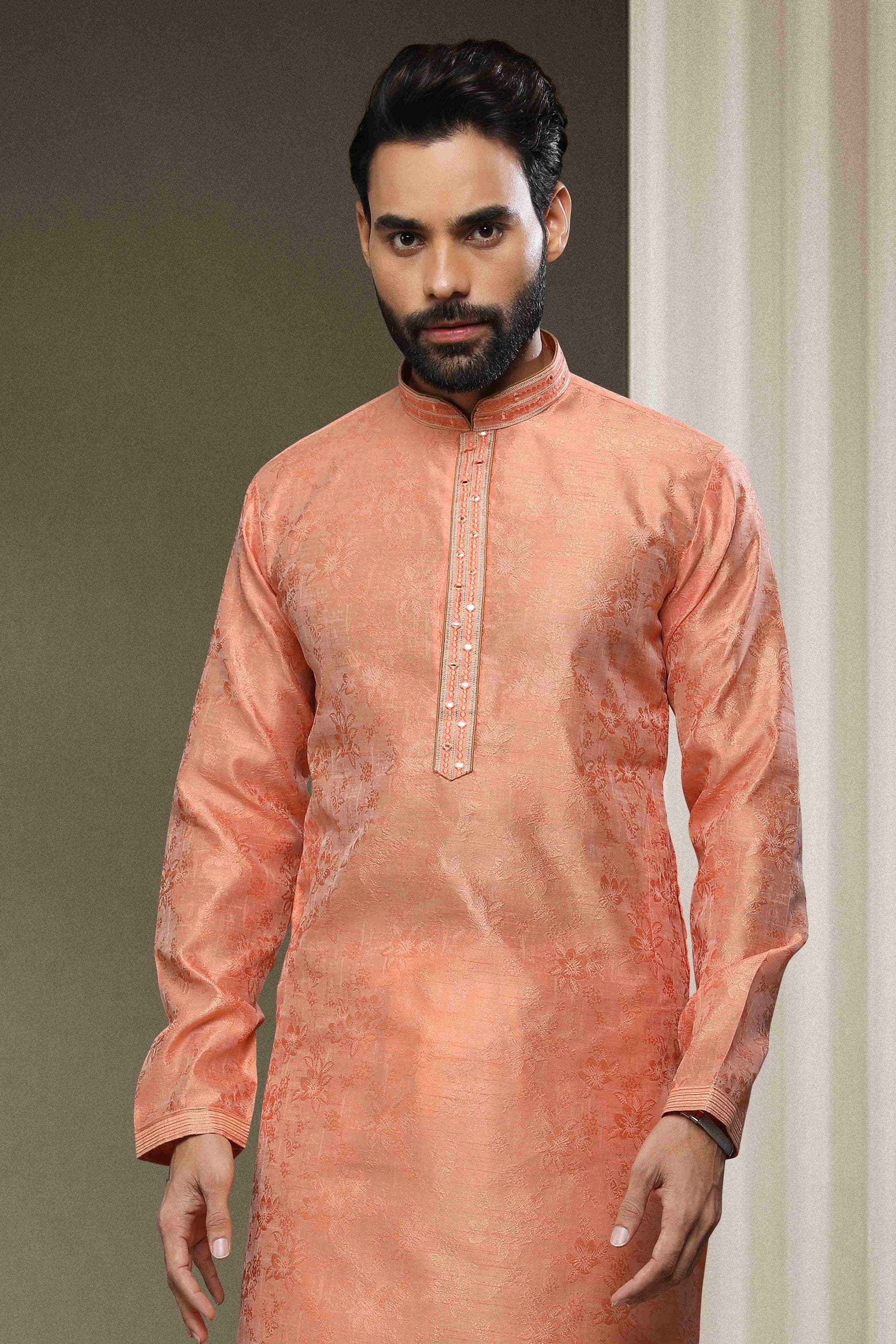 Raivat Ethnic Jacquard Silk Brocade Mirror Work Kurta Pajama In Peach Colour