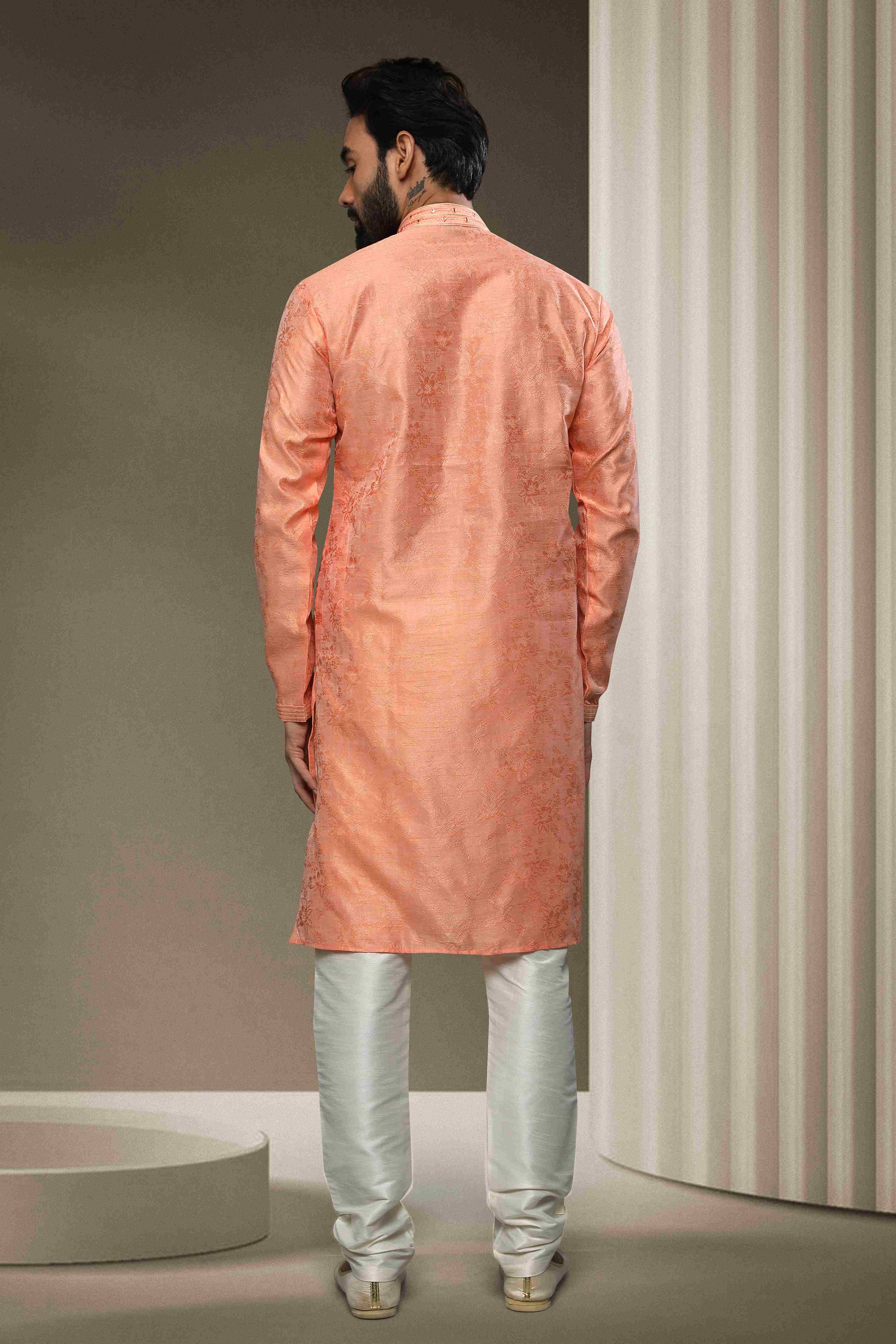 Raivat Ethnic Jacquard Silk Brocade Mirror Work Kurta Pajama In Peach Colour