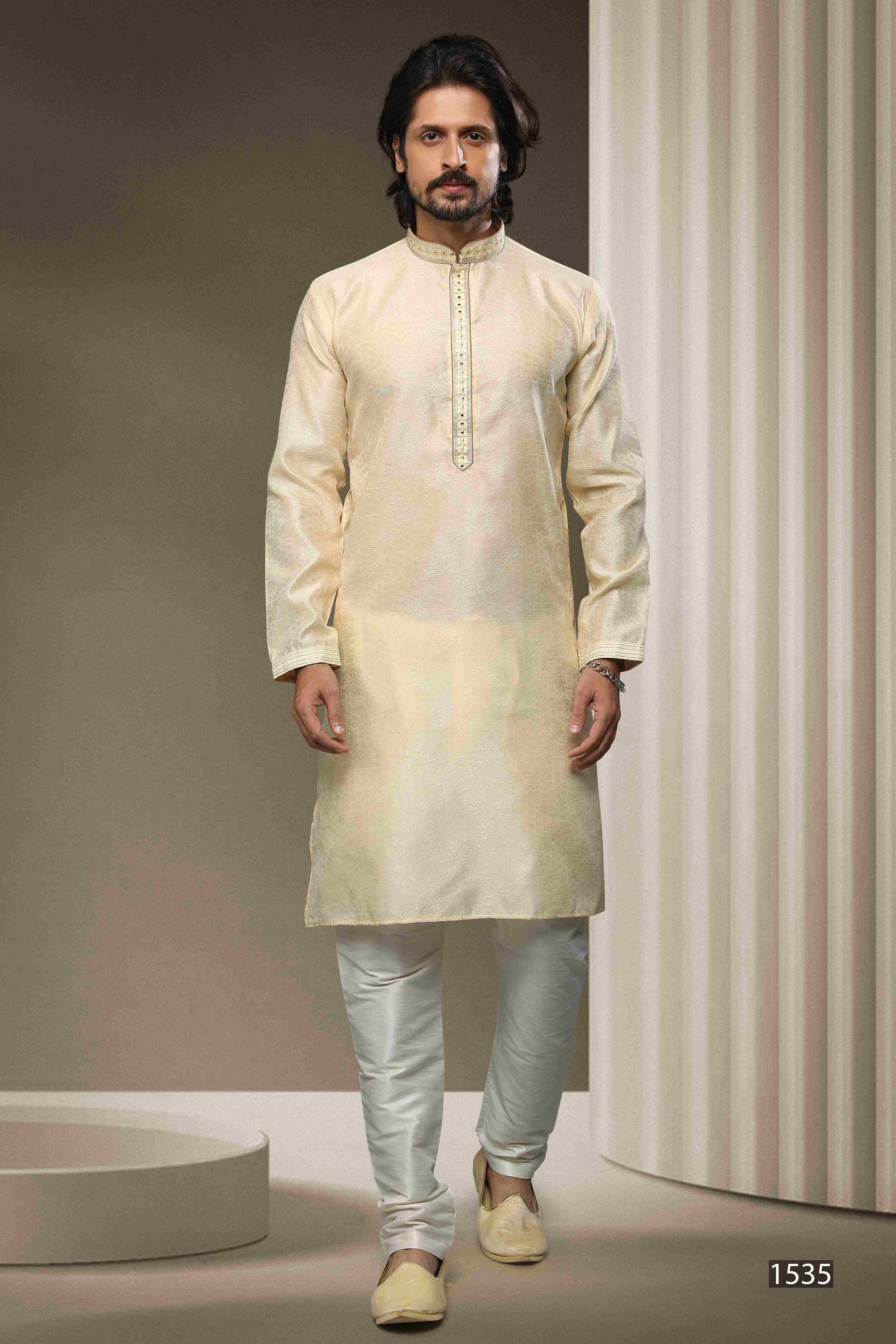 Raivat Ethnic Jacquard Silk Brocade Mirror Work Kurta Pajama In Cream Colour