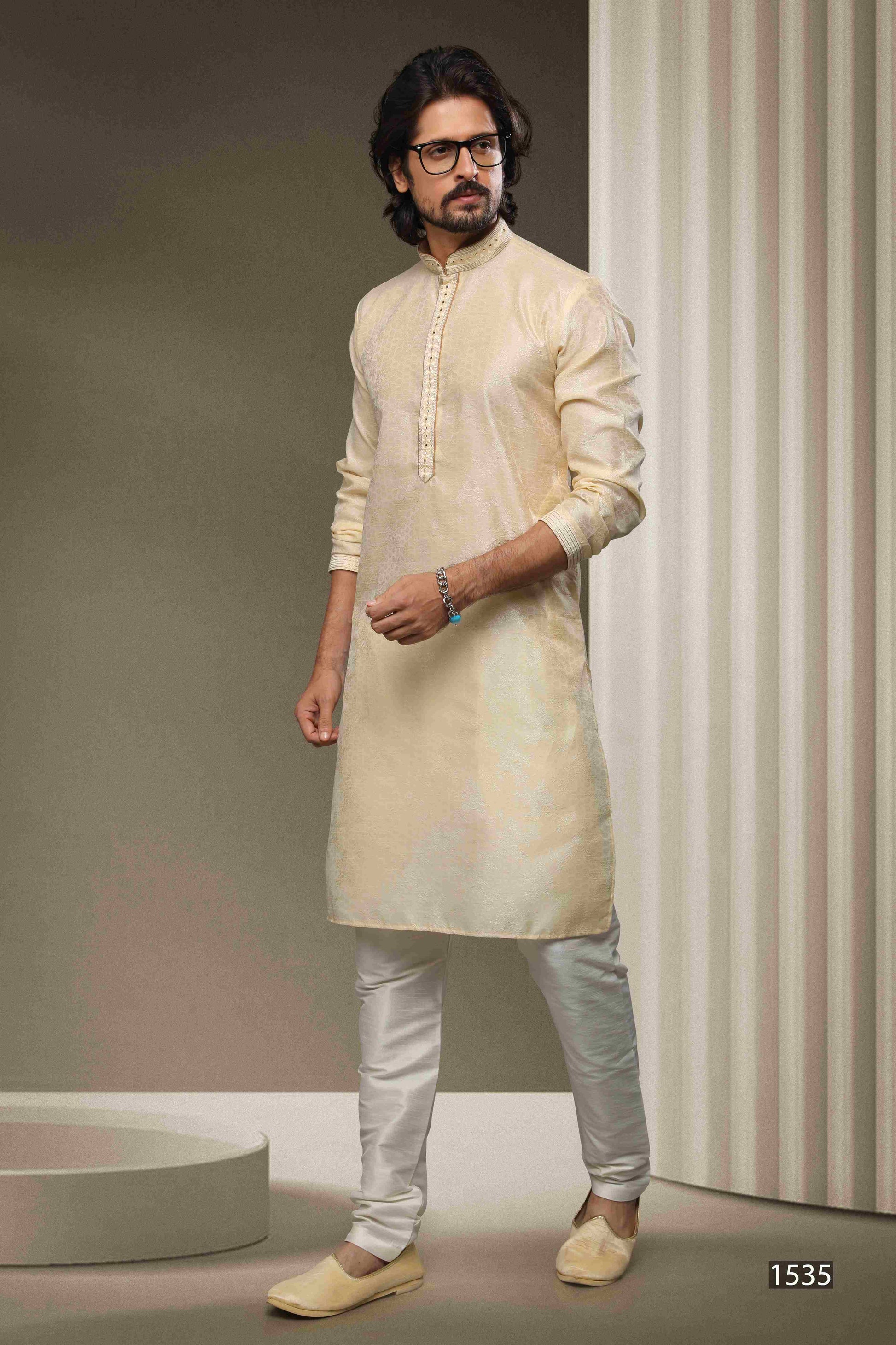 Raivat Ethnic Jacquard Silk Brocade Mirror Work Kurta Pajama In Cream Colour