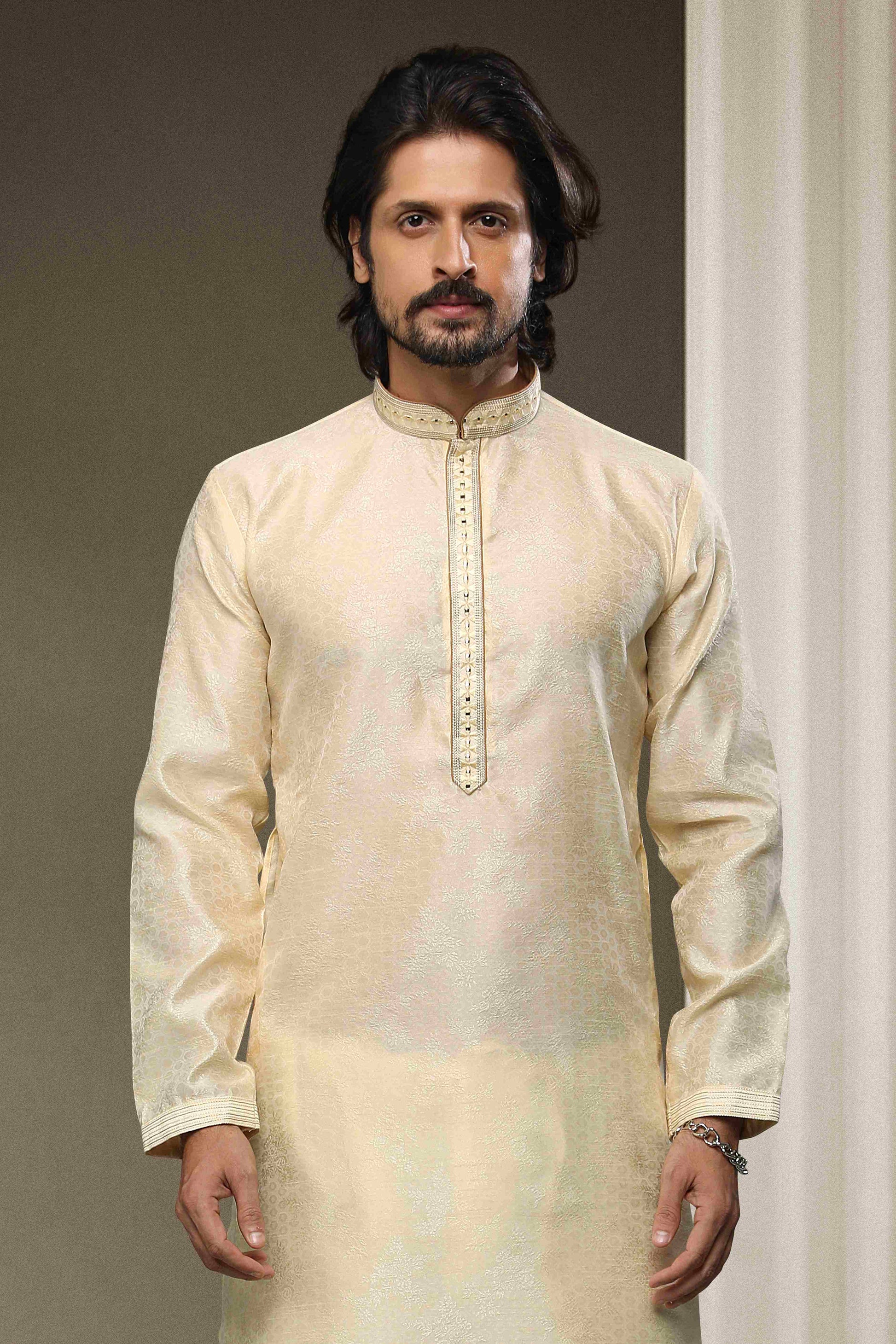 Raivat Ethnic Jacquard Silk Brocade Mirror Work Kurta Pajama In Cream Colour