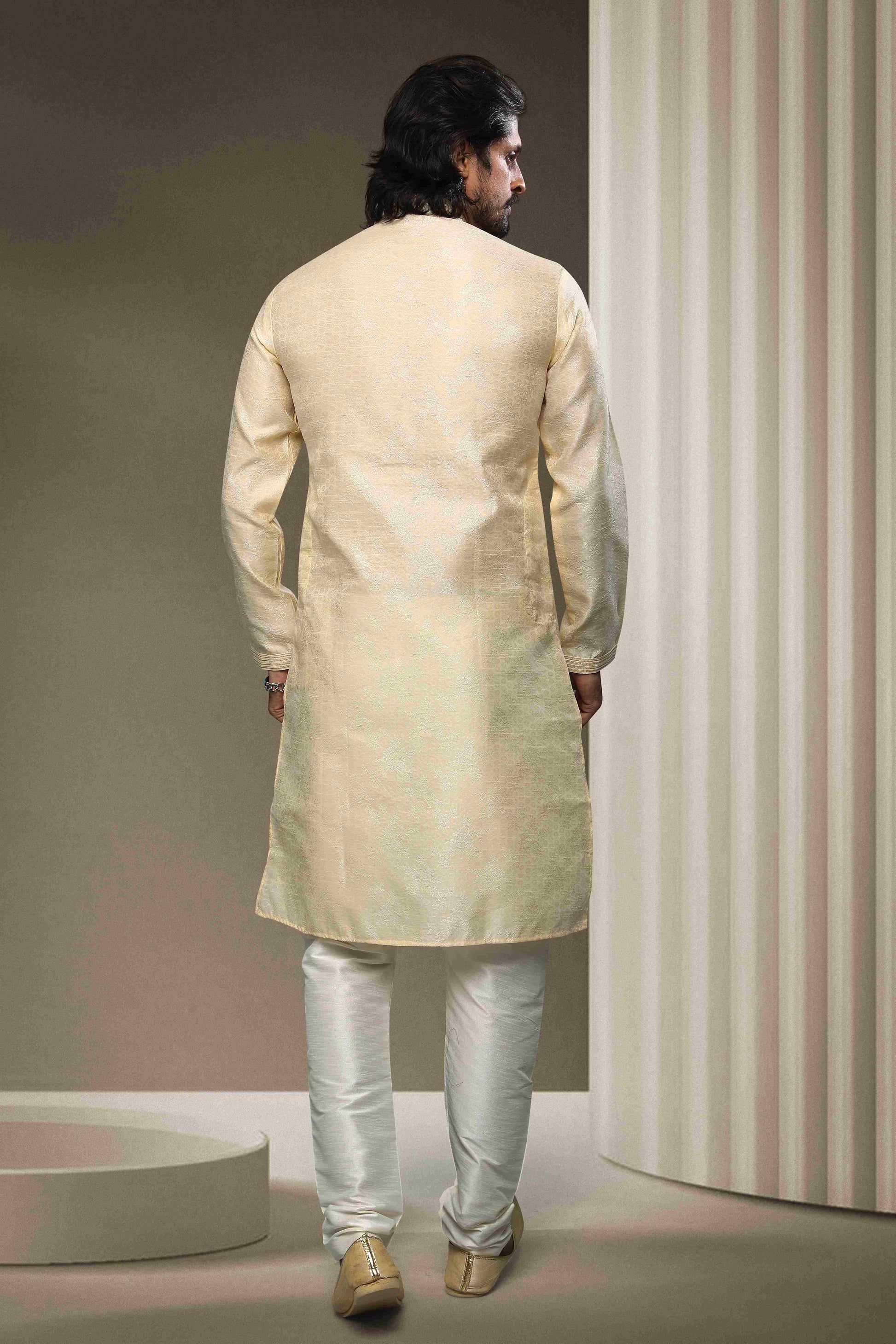 Raivat Ethnic Jacquard Silk Brocade Mirror Work Kurta Pajama In Cream Colour
