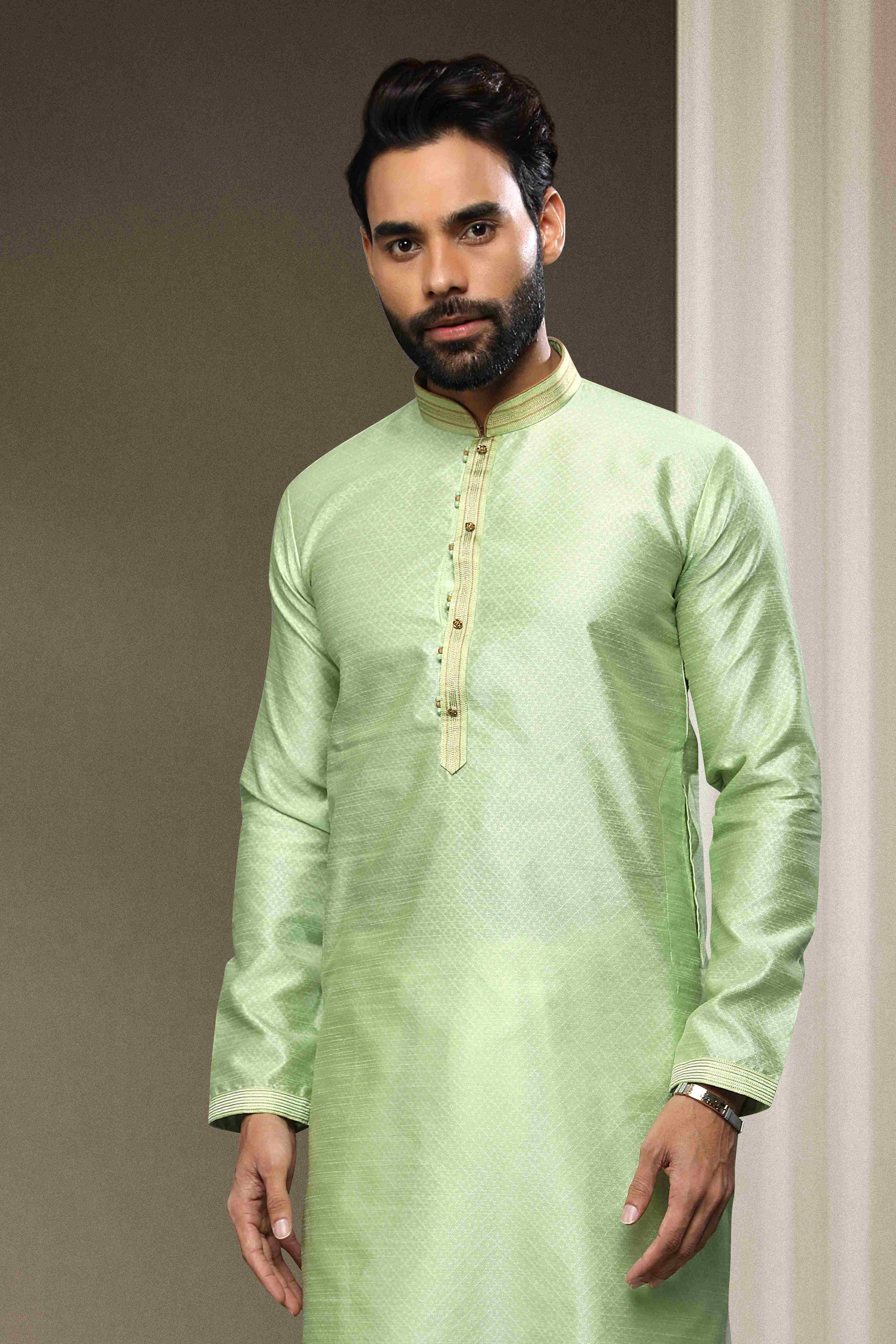 Raivat Ethnic Jacquard Silk Brocade Pintux Work Kurta Pajama In Pista Green Colour