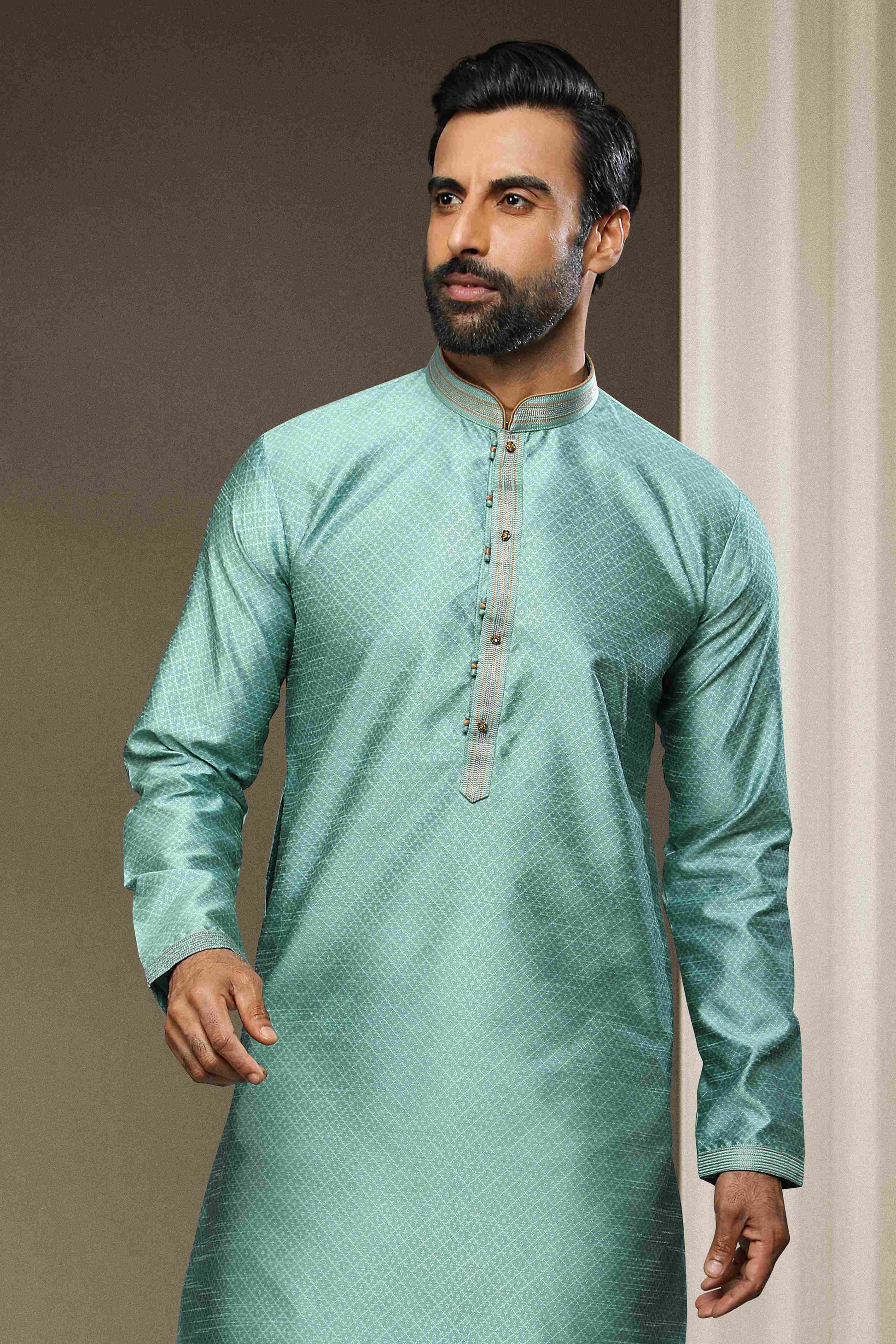 Raivat Ethnic Jacquard Silk Brocade Pintux Work Kurta Pajama In Sky Blue Colour