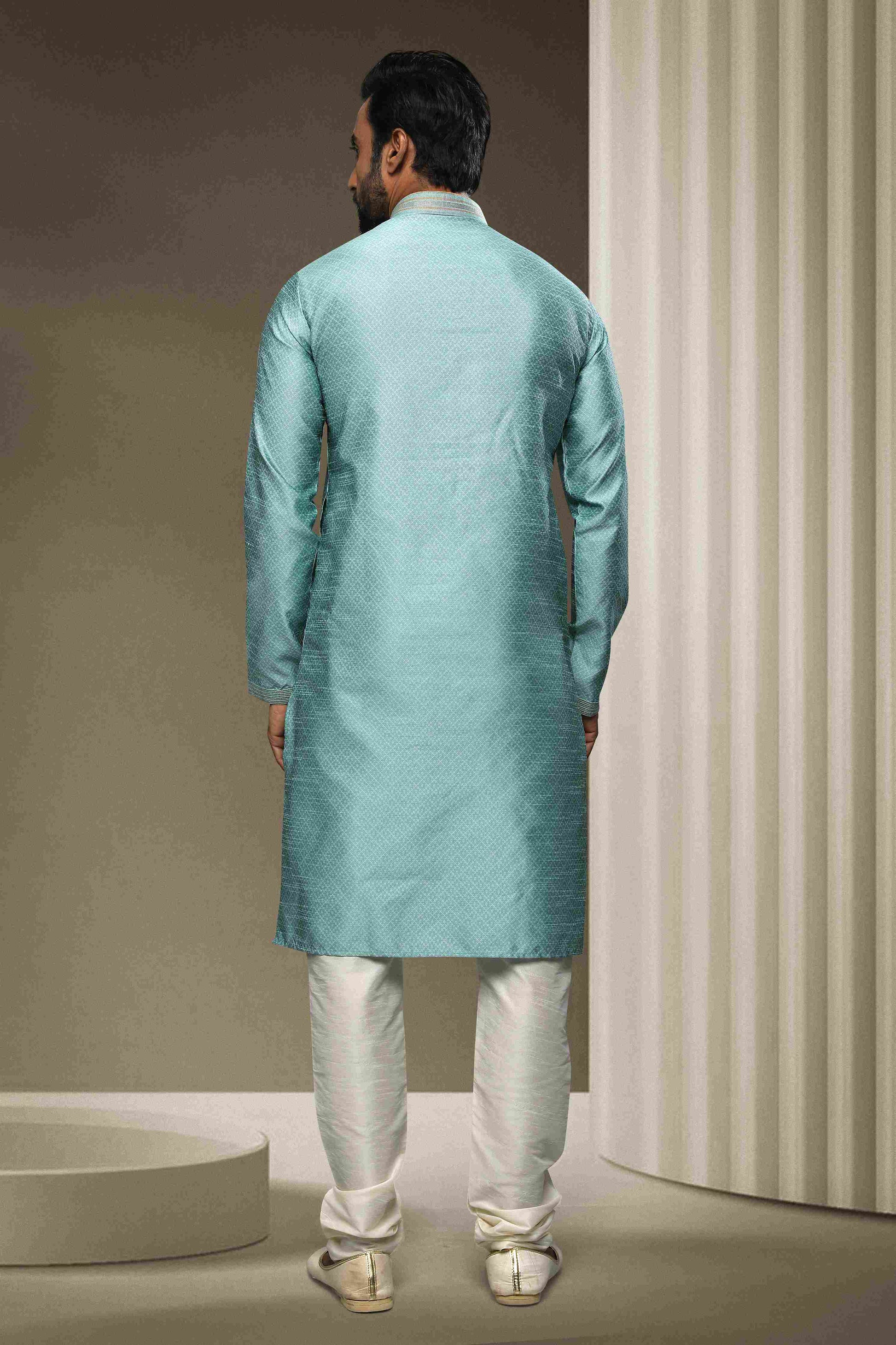 Raivat Ethnic Jacquard Silk Brocade Pintux Work Kurta Pajama In Sky Blue Colour