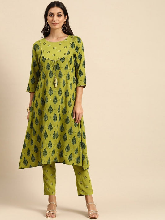 All About You Women Olive Green Ethnic Motifs Printed Empire Kurta with Trousers