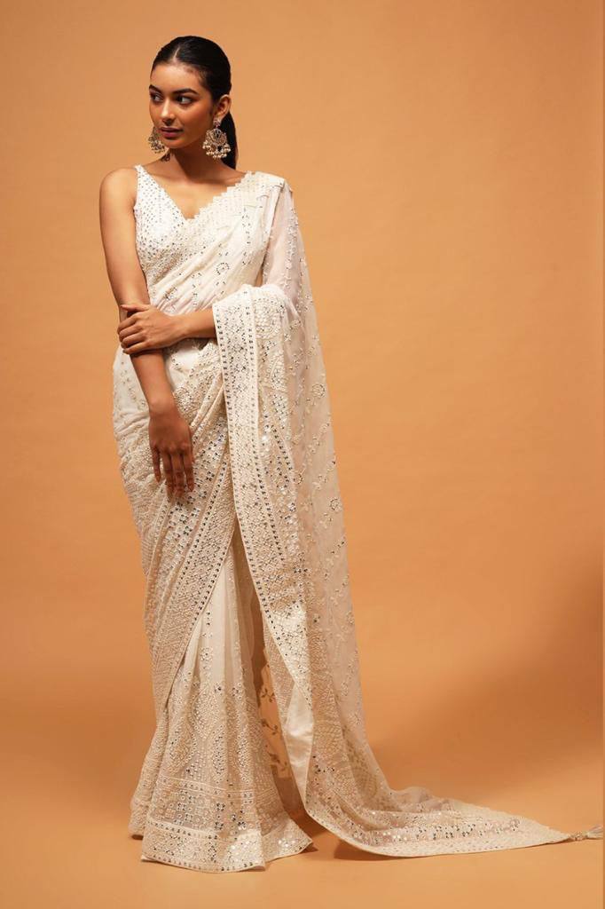 Teeya Creation White Color Georgette Embroidery Work Saree