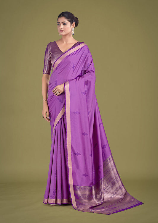 Monjolika Fashion Charming Lavender Color Silk Golden Zari Woven Ceremony Saree