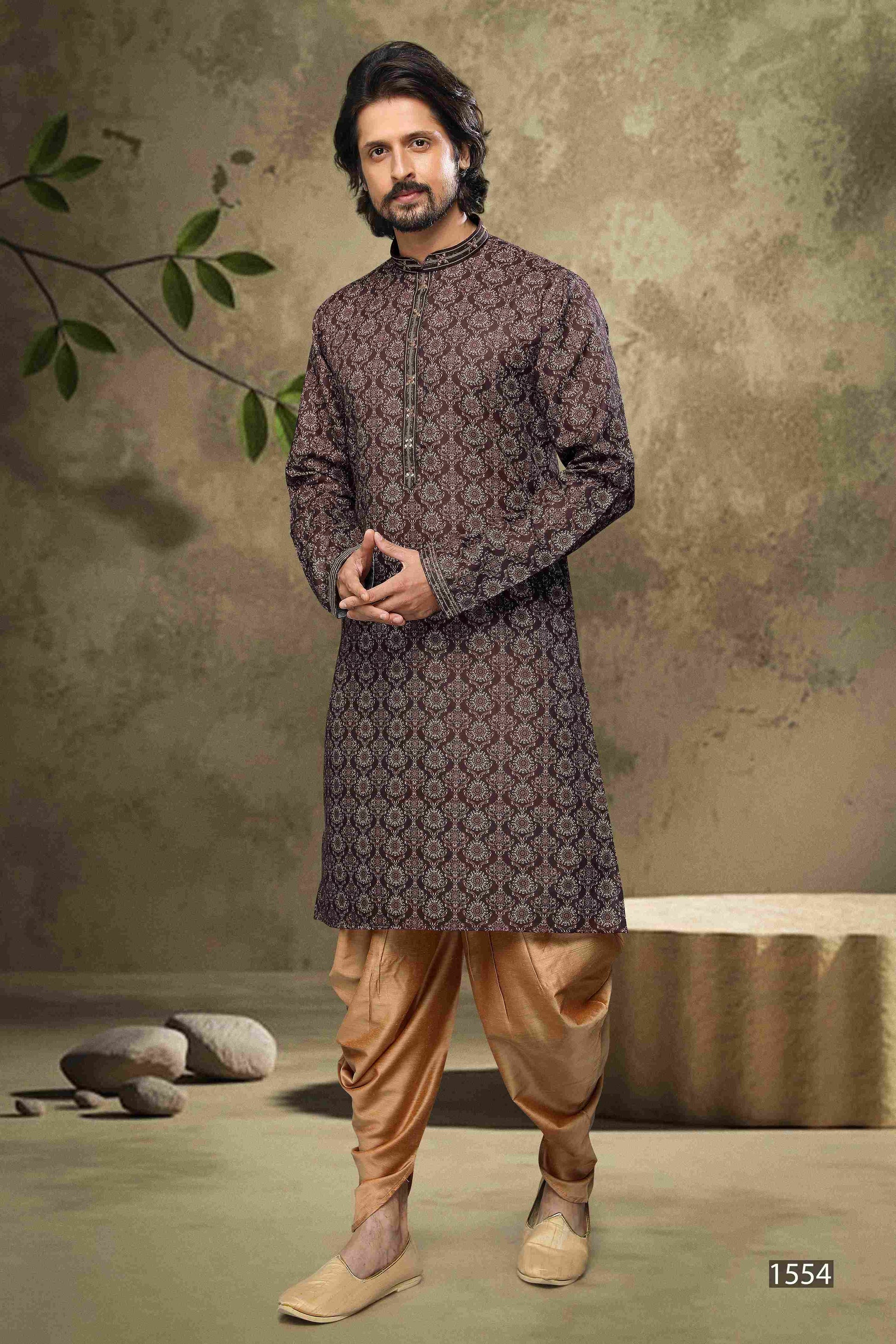 Raivat Ethnic Cotton Digital Print Mirror Work Kurta Pajama In Brown Colour
