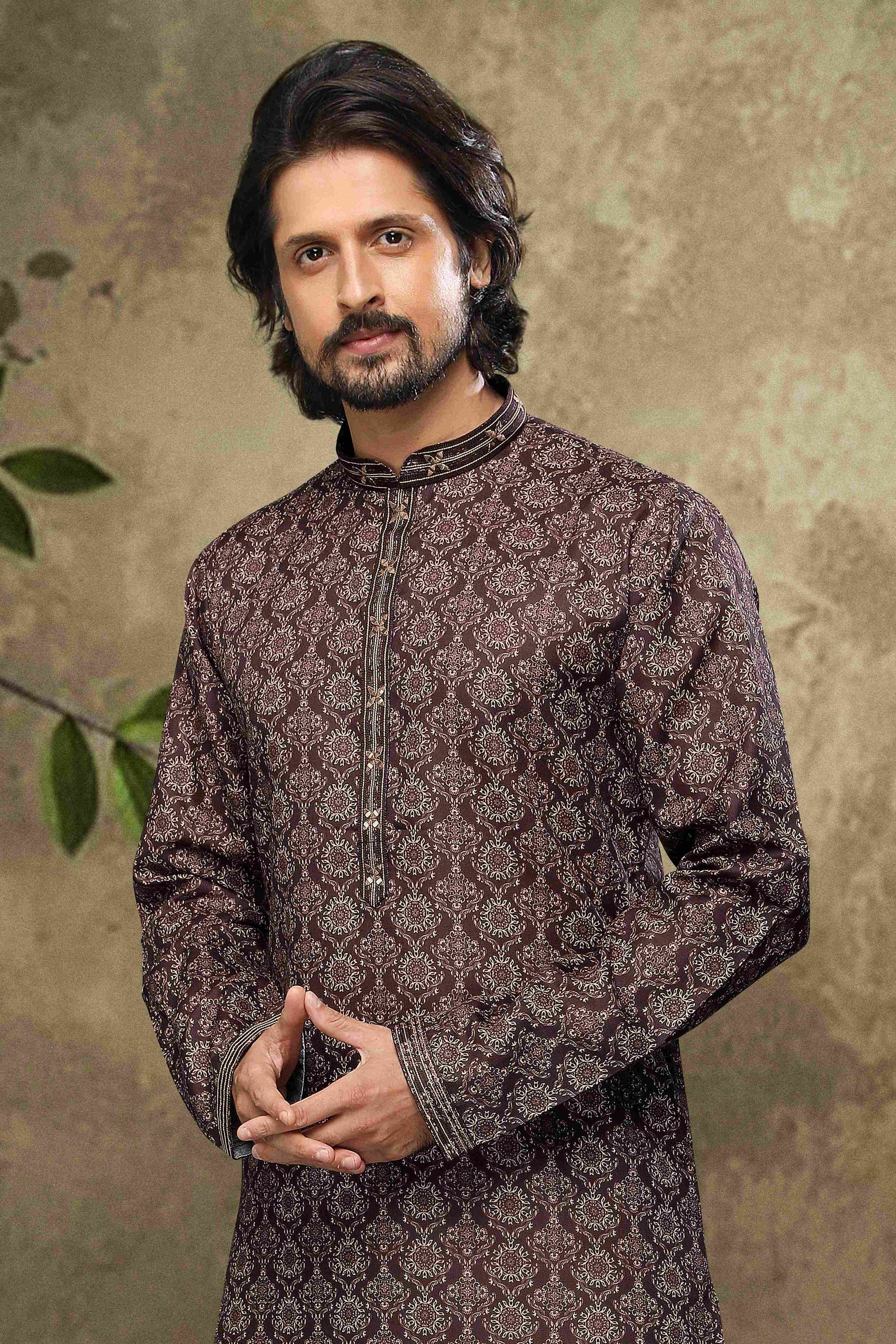 Raivat Ethnic Cotton Digital Print Mirror Work Kurta Pajama In Brown Colour