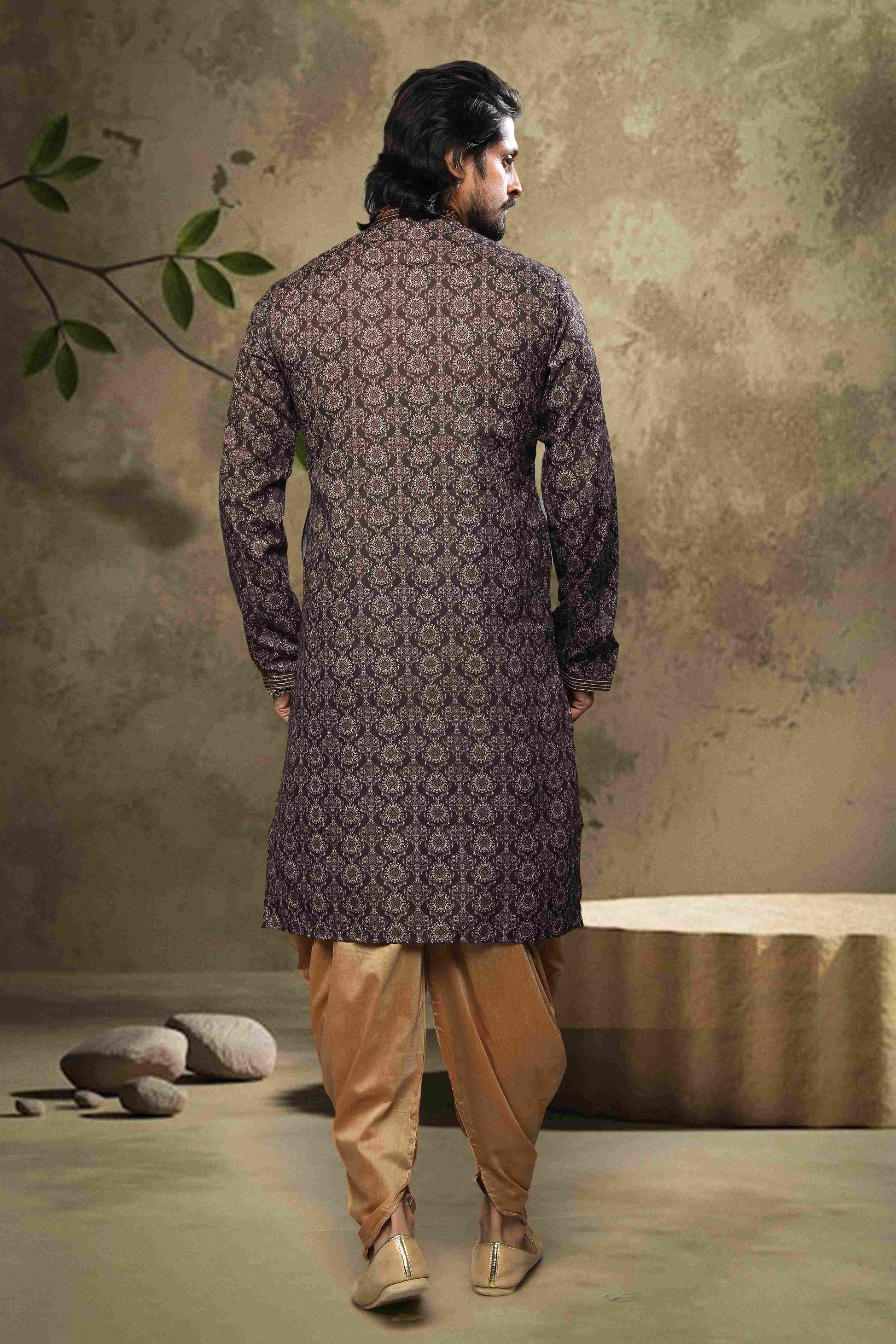 Raivat Ethnic Cotton Digital Print Mirror Work Kurta Pajama In Brown Colour
