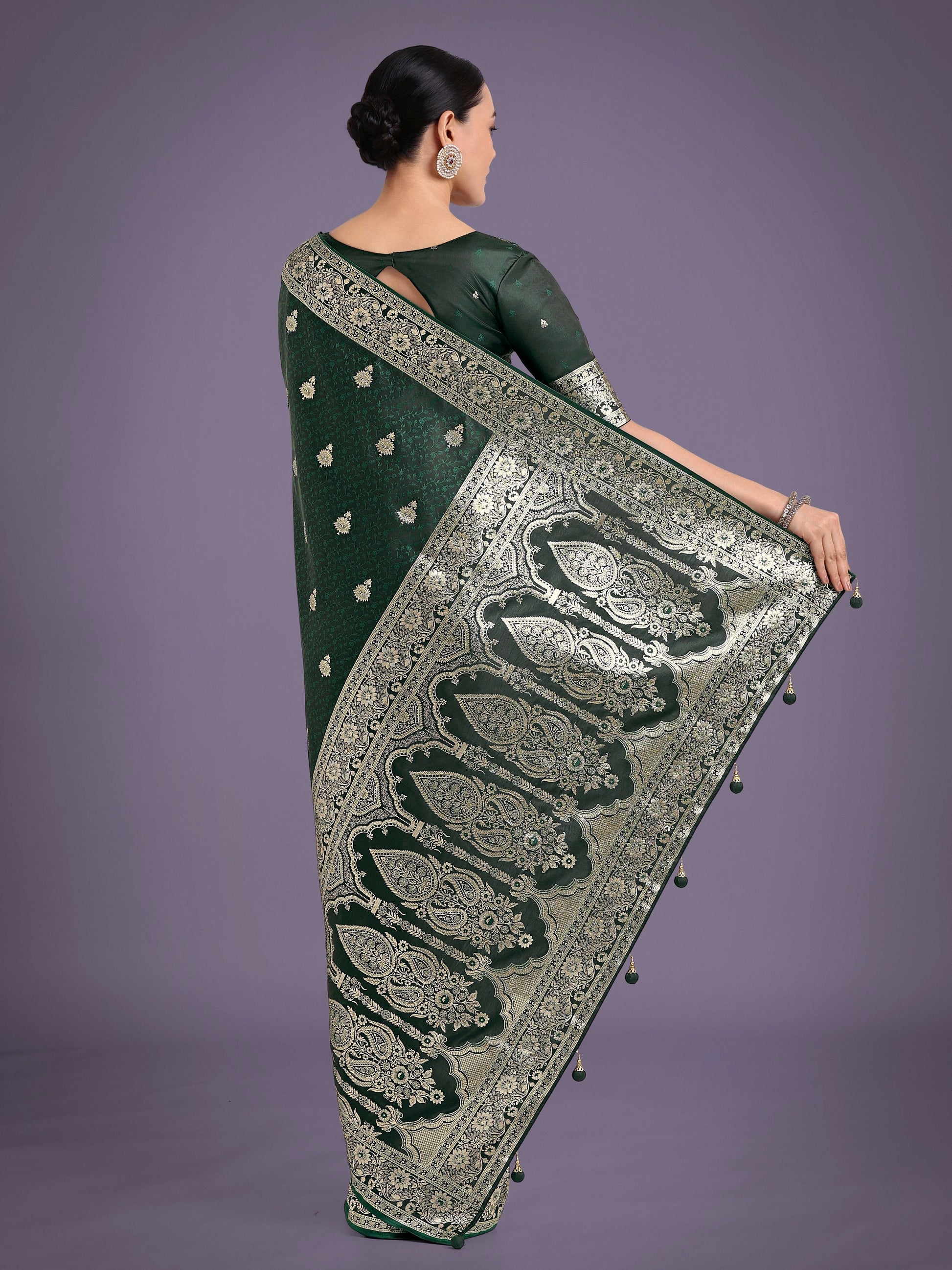 Monjolika Fashion Dark Green Banarasi Satin Silk Saree with Intricate Zari Work with Rich Weaving Pattern | Swadesiicart