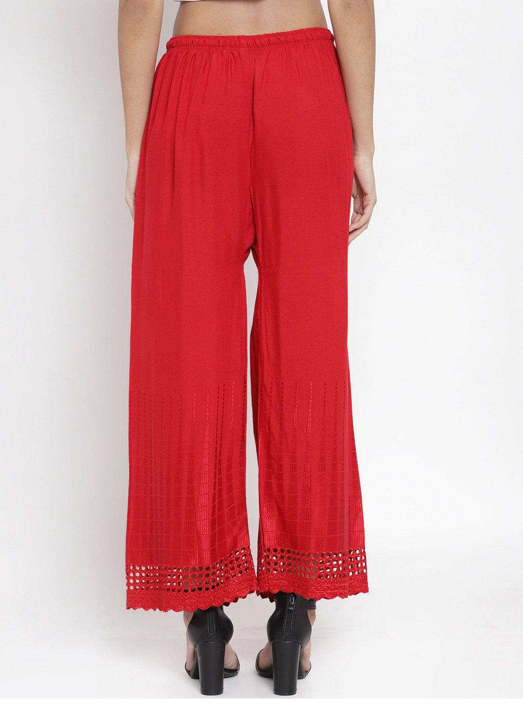 PAVONINE Red Color Aari Work Minar Design Rayon Fabric Shrarara