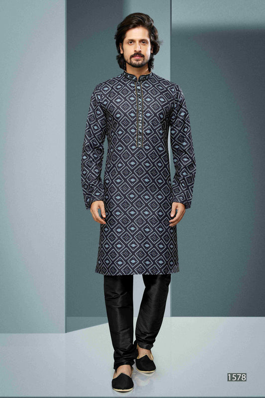 Raivat Ethnic Cotton Digital Print Mirror Work Kurta Pajama In Black Colour