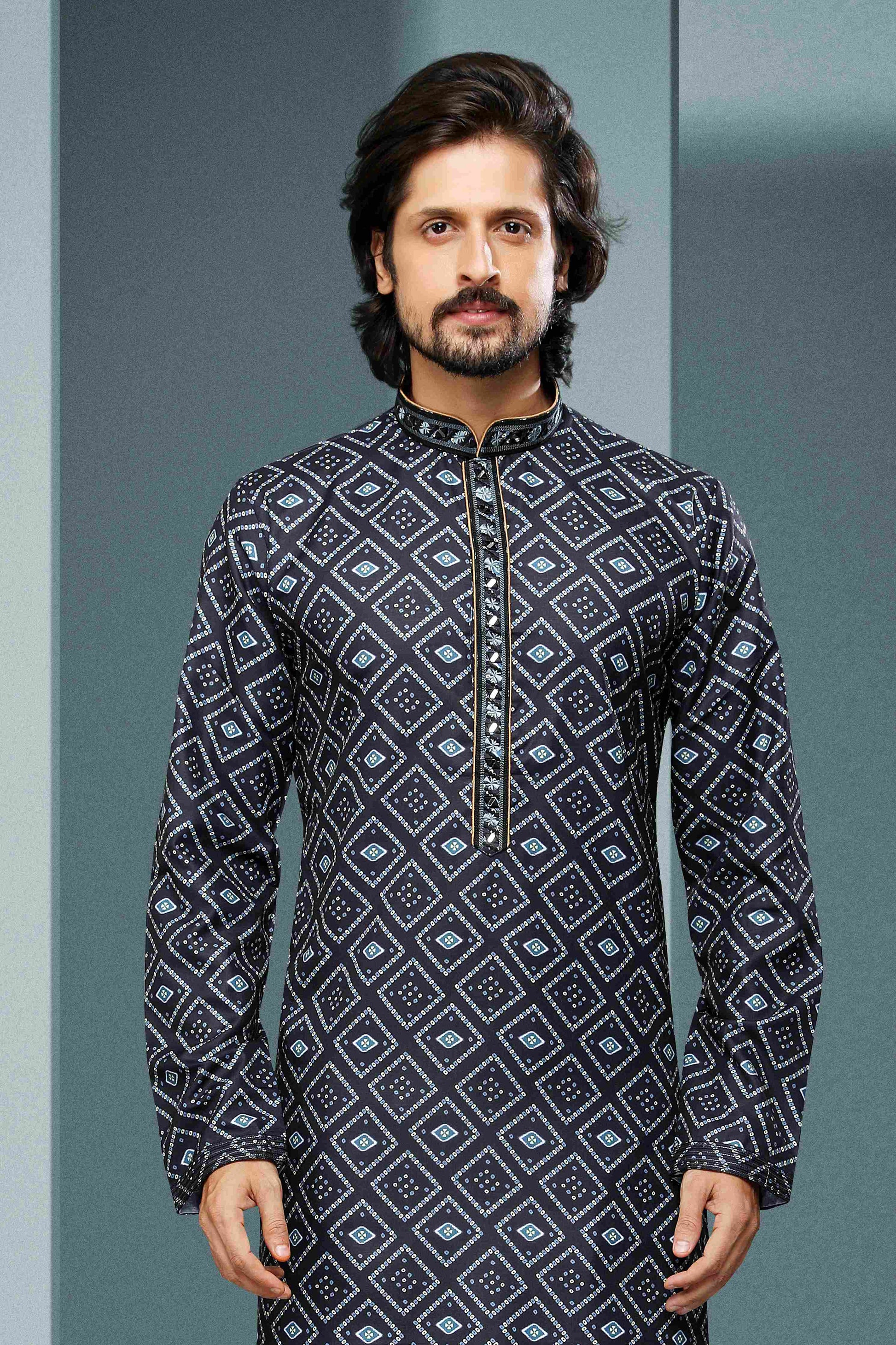 Raivat Ethnic Cotton Digital Print Mirror Work Kurta Pajama In Black Colour