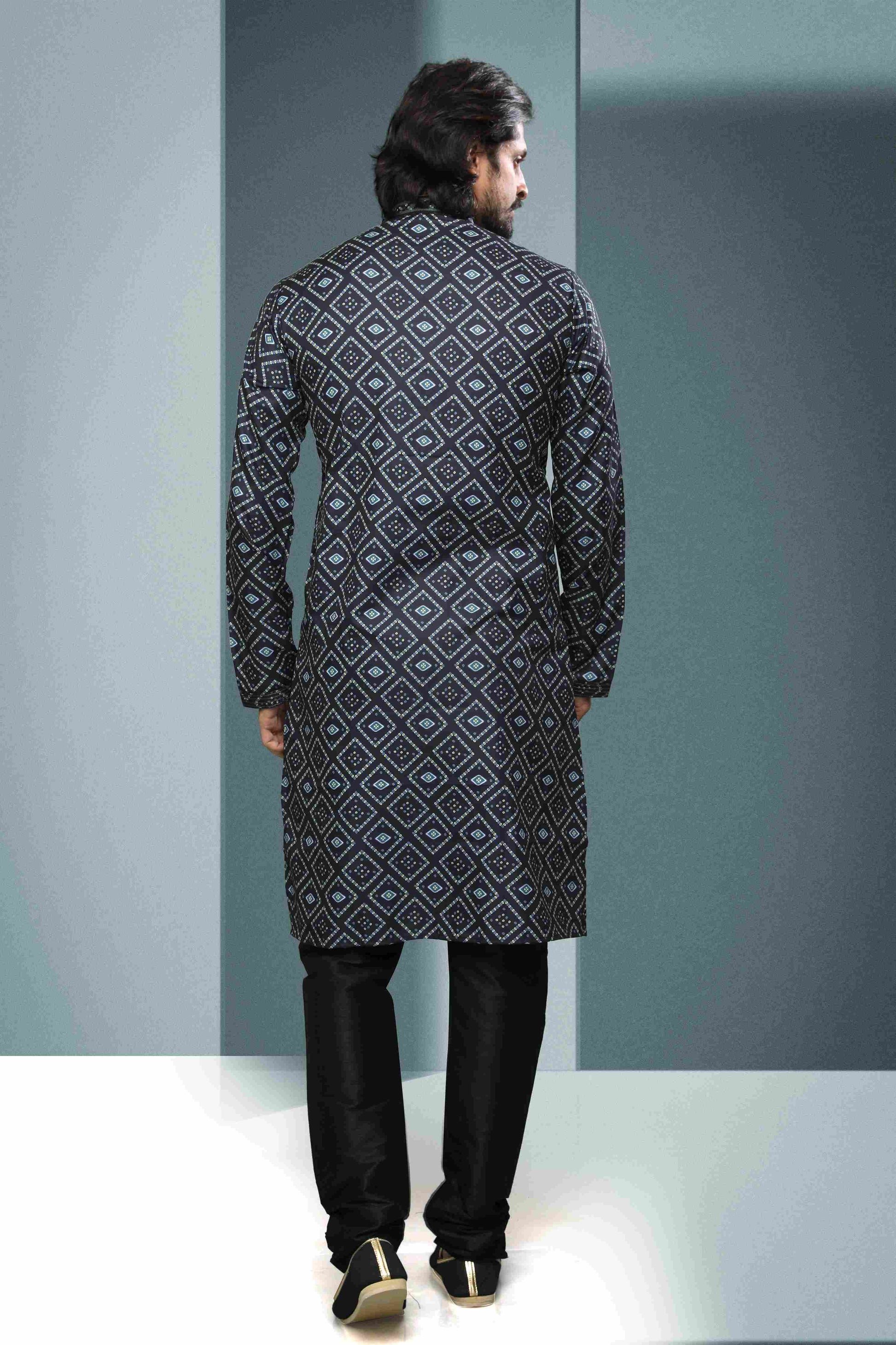 Raivat Ethnic Cotton Digital Print Mirror Work Kurta Pajama In Black Colour