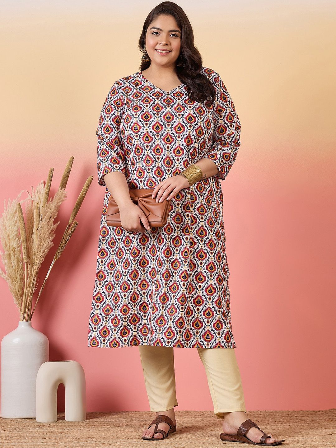 Sztori Plus Size Ethnic Motifs Printed V-Neck Crepe Straight Kurta