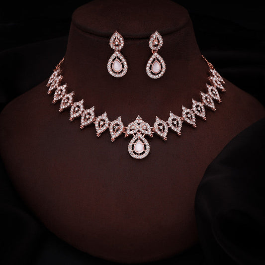 Tehzeeb Creations Baby Pink Colour Ad Studded Necklace Jewellery Set With Matching Earrings For Women And Girls