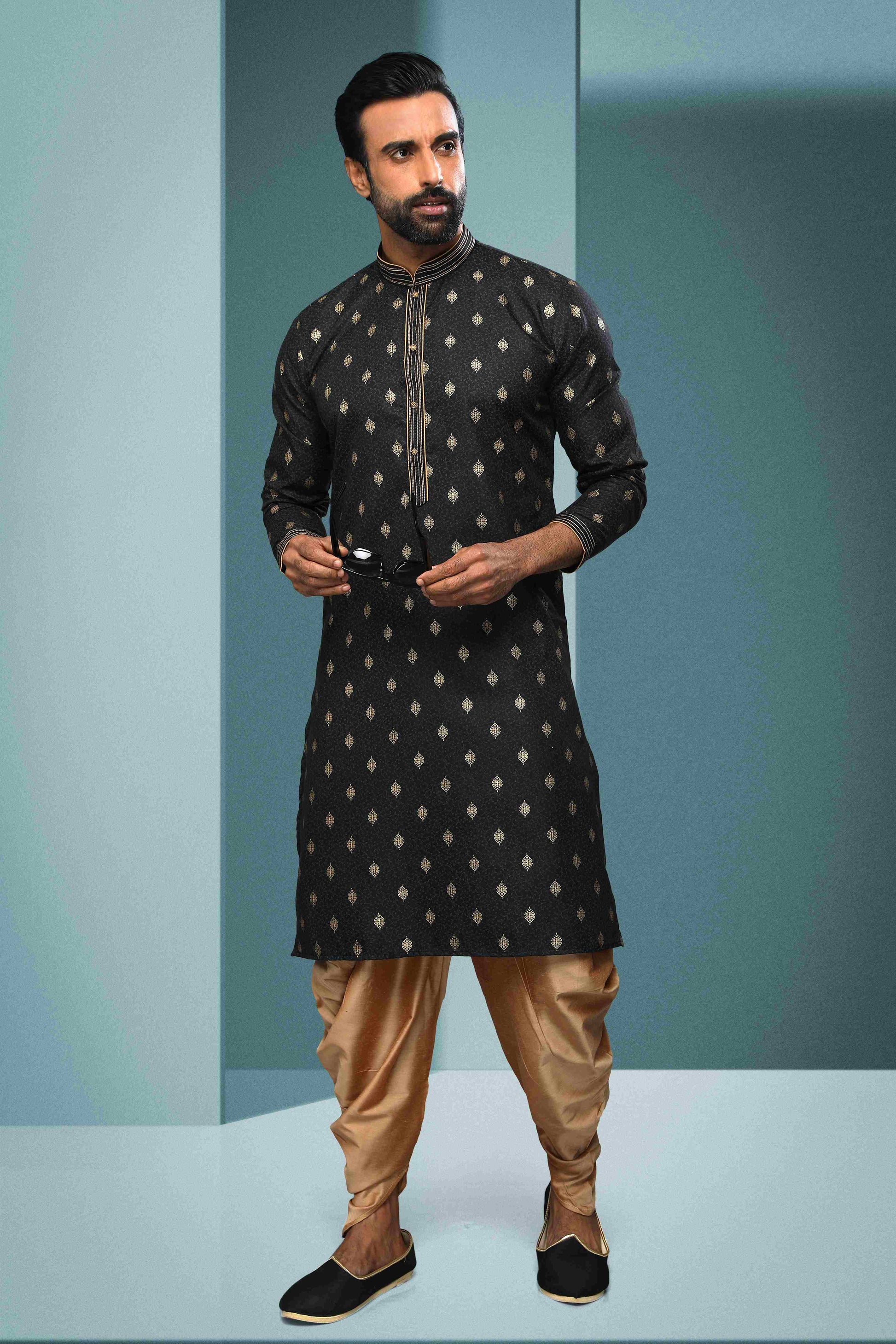 Raivat Ethnic Cotton Digital Print Pintux Work Kurta Pajama In Black Colour