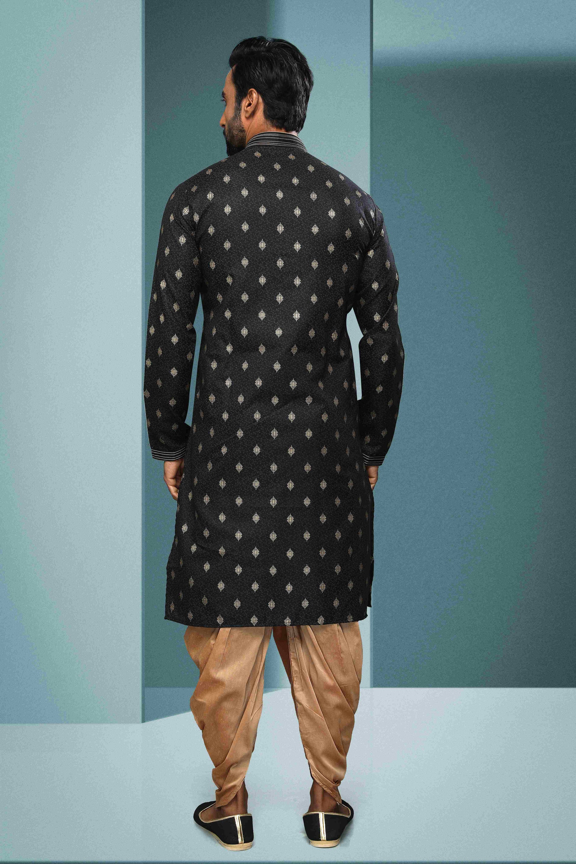 Raivat Ethnic Cotton Digital Print Pintux Work Kurta Pajama In Black Colour
