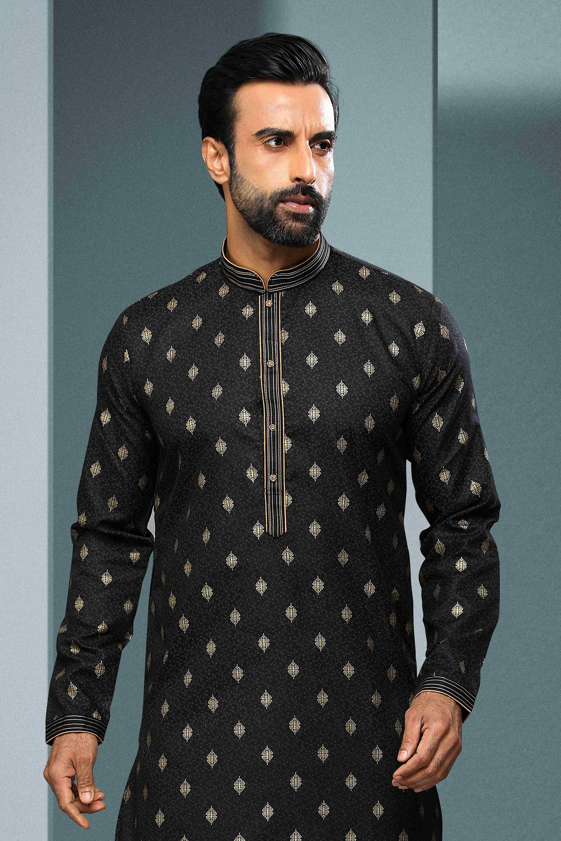 Raivat Ethnic Cotton Digital Print Pintux Work Kurta Pajama In Black Colour