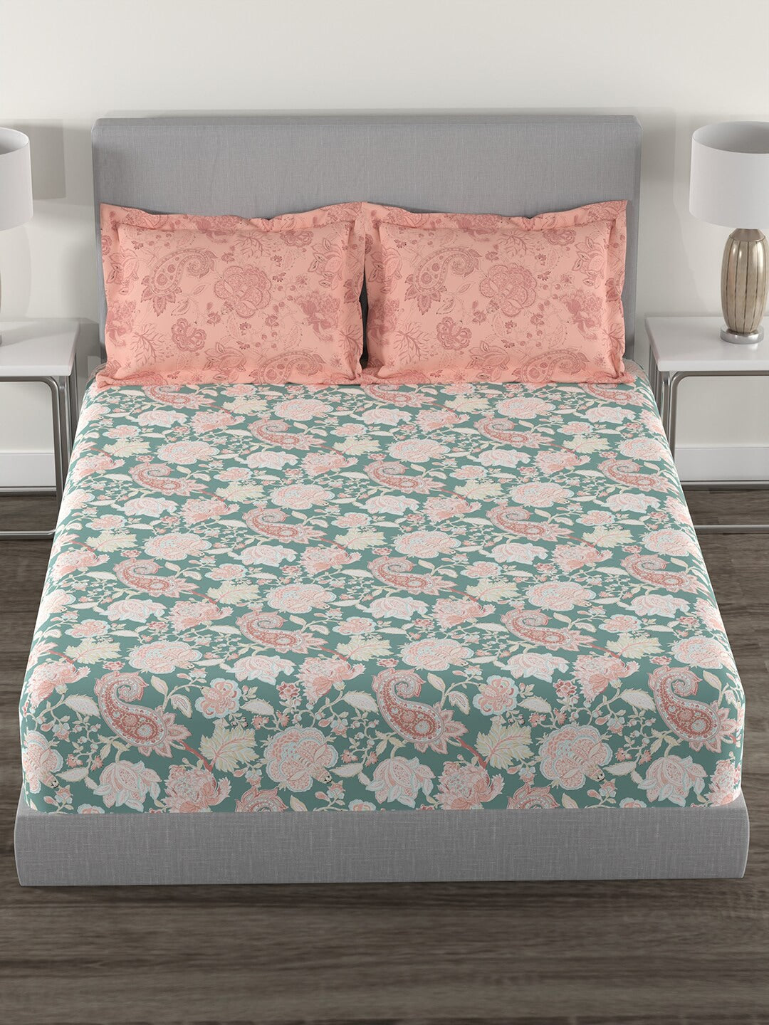 MYTRIDENT Green White Ethnic Motifs Cotton 144 TC Queen Bedsheet With 2 Pillow Covers 