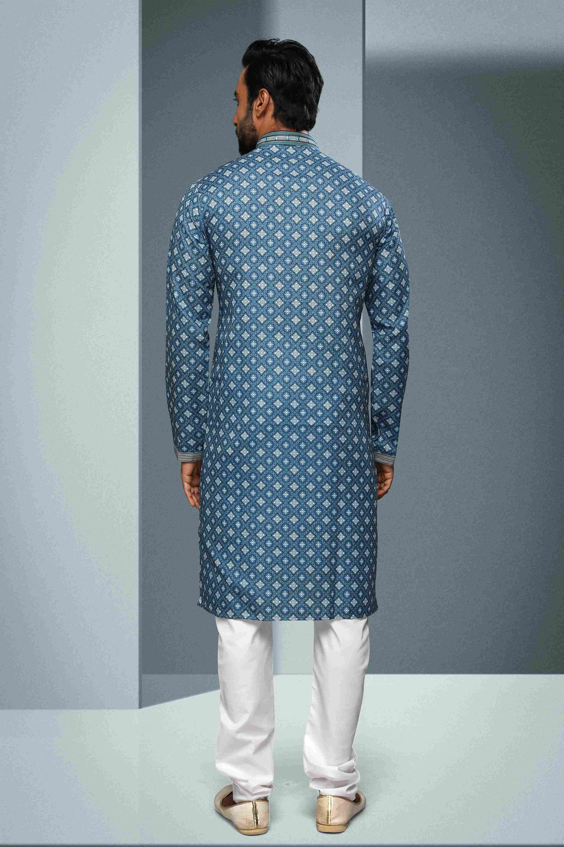 Raivat Ethnic Cotton Digital Print Mirror Work Kurta Pajama In Blue Colour