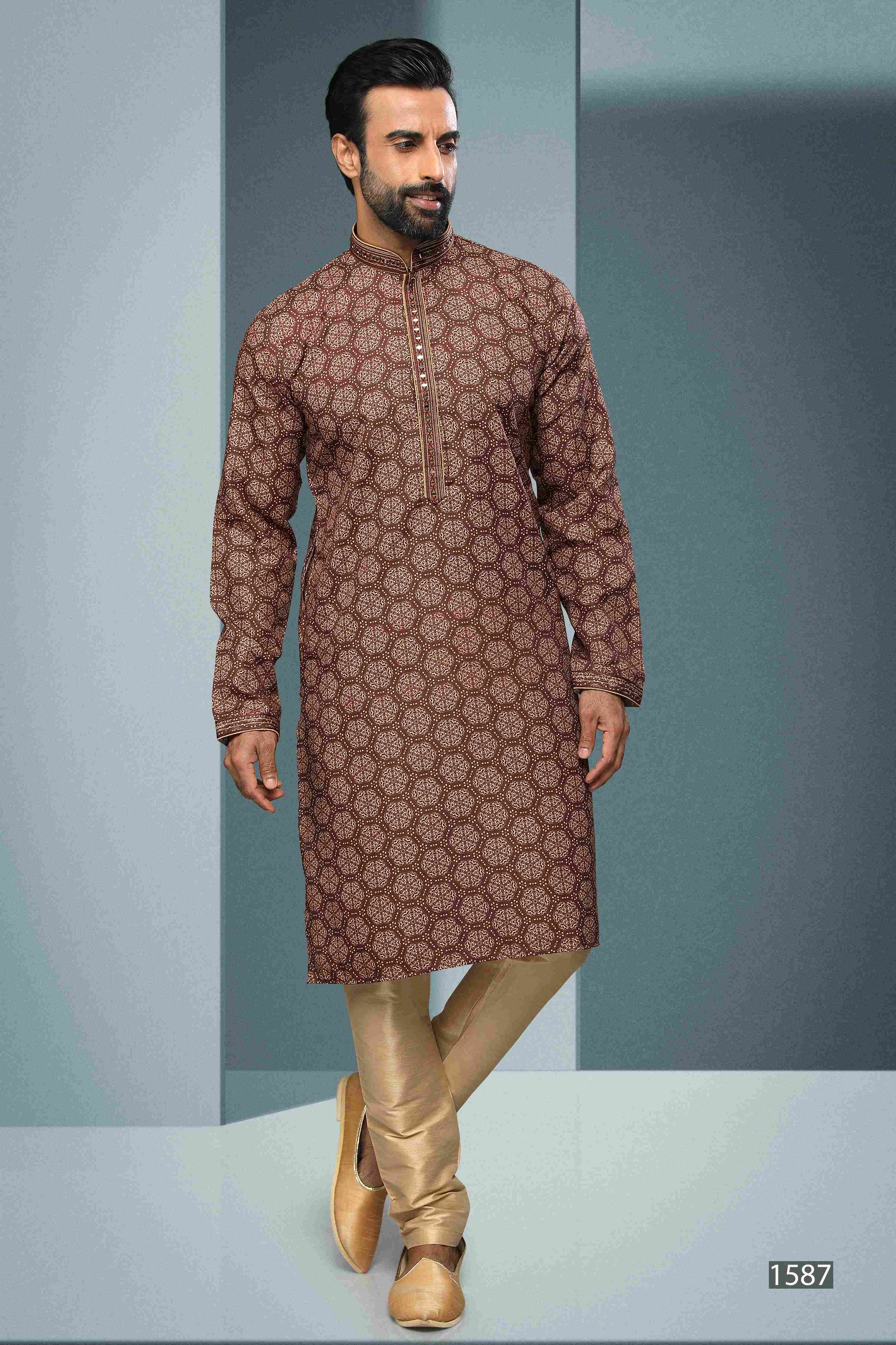 Raivat Ethnic Cotton Digital Print Mirror Work Kurta Pajama In Brown Colour