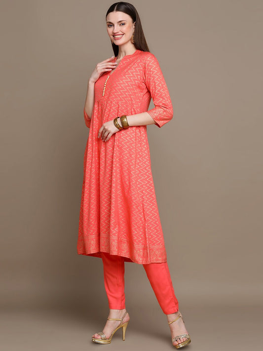 HERE&NOW Chevron Printed Kurta with Trousers & Dupatta