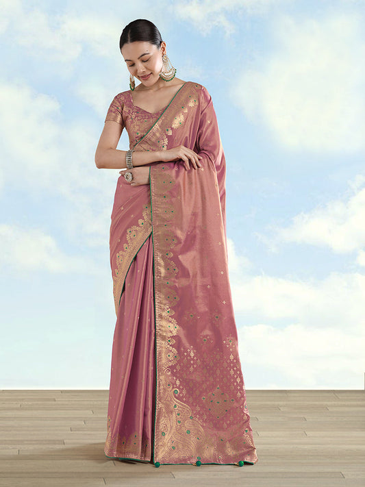 Monjolika Fashion Light Pink Color Paisley Zari Woven Banarasi Tissue Silk Saree