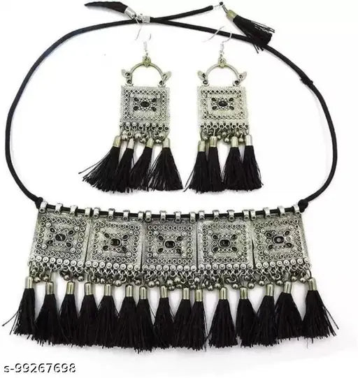 Tehzeeb Creations Women's Silver Colour Oxidised Necklace And Earrings With Black Yarn Design Tehzeeb Creations