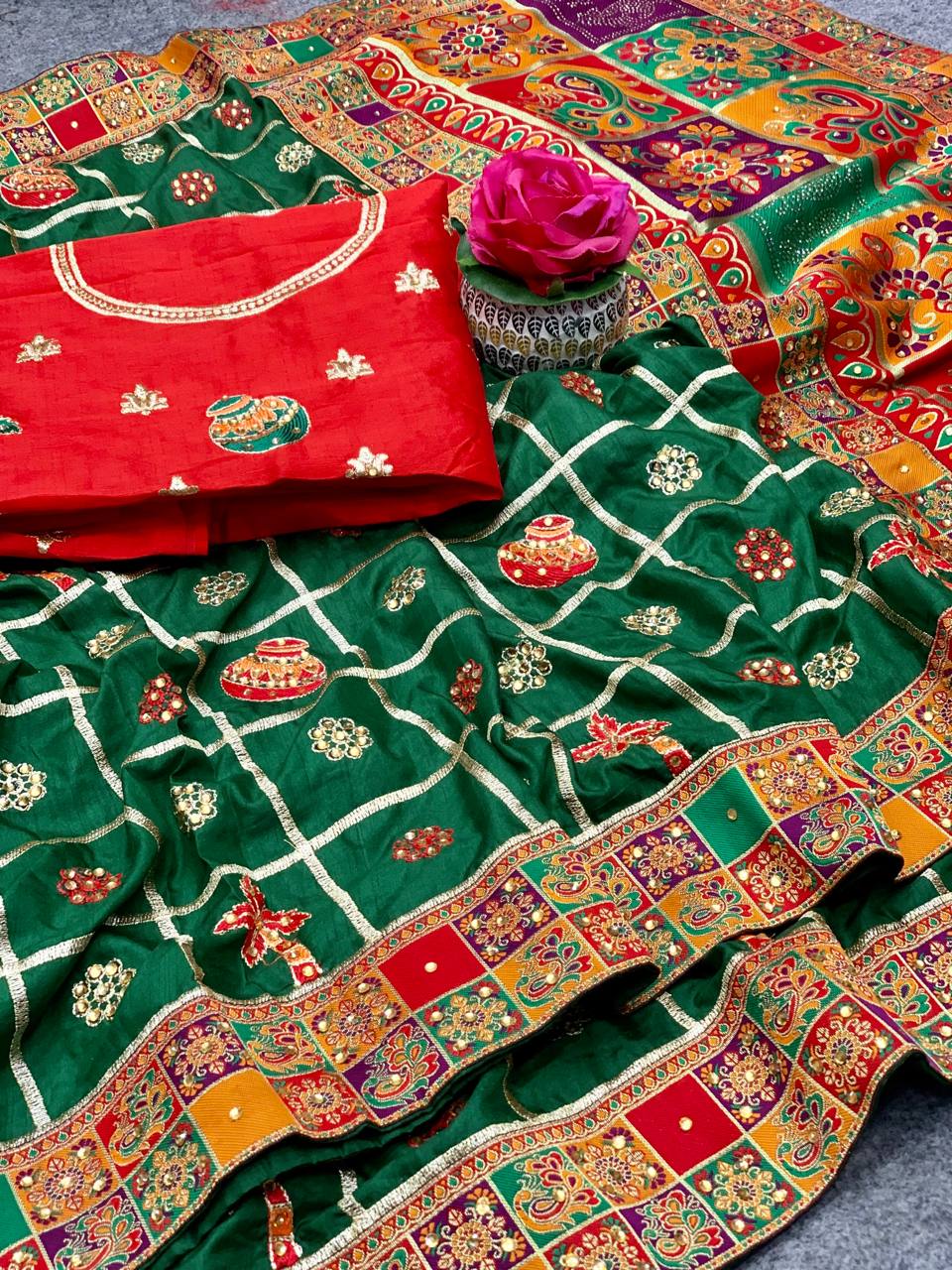 Lorenvalley Fashion Premium Green Dola Silk Embroidery and Diamond work with Jacquard Lace Border Grab2Buy 
