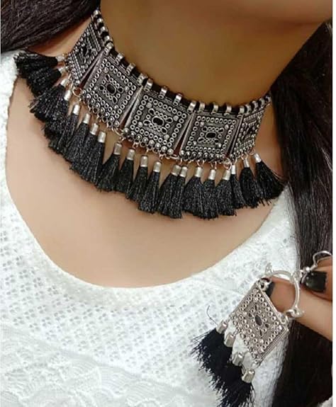 Tehzeeb Creations Women's Silver Colour Oxidised Necklace And Earrings With Black Yarn Design Tehzeeb Creations